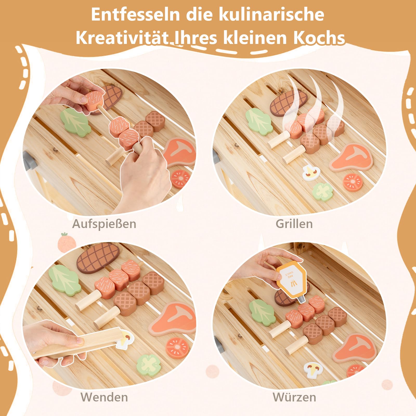 DREAMADE Kindergrill aus Holz, BBQ Grill Spielzeugset mit Grillwerkzeugen & Gewürzflaschen, Küchen-Rollenspielset mit 25 Zubehörteilen & Rädern, für Kinder ab 3 Jahren
