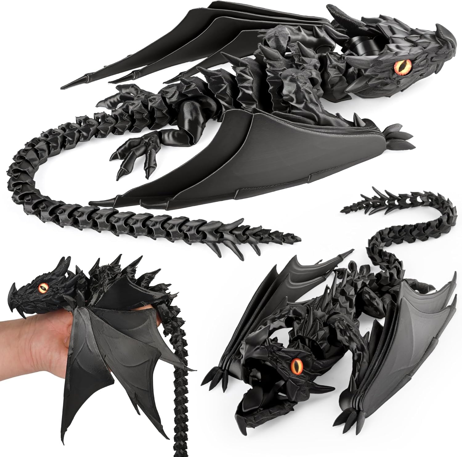 3D Printed Articulated Winged Dragon Toy, Flexible Crystal Dragon Figure, Silk Black, 30cm, Stress Relief Desk Decor, Gift for Dragon Lovers