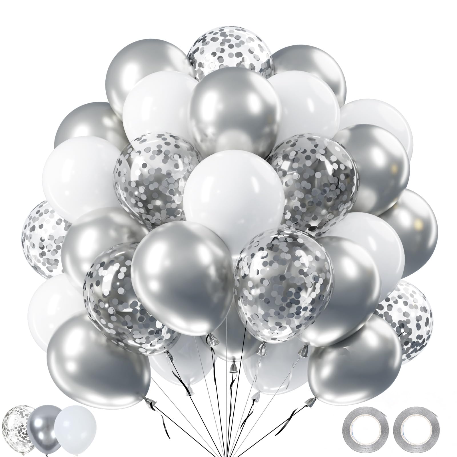 White and Silver Balloons, 60pcs Metallic Silver and White Balloons with Confetti Balloon Helium Latex Balloon for Birthday Decorations Silver Wedding Anniversary Graduation Prom Decorations 2026