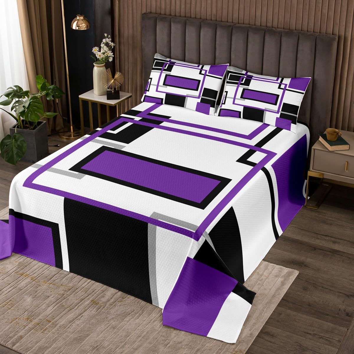 jejeloiu Purple Geometric Bedspread 2Pcs Twin Size Kids Abstract Geometry Coverlet Set for Boys Girls Modern Art Quilted Coverlet,Microfiber