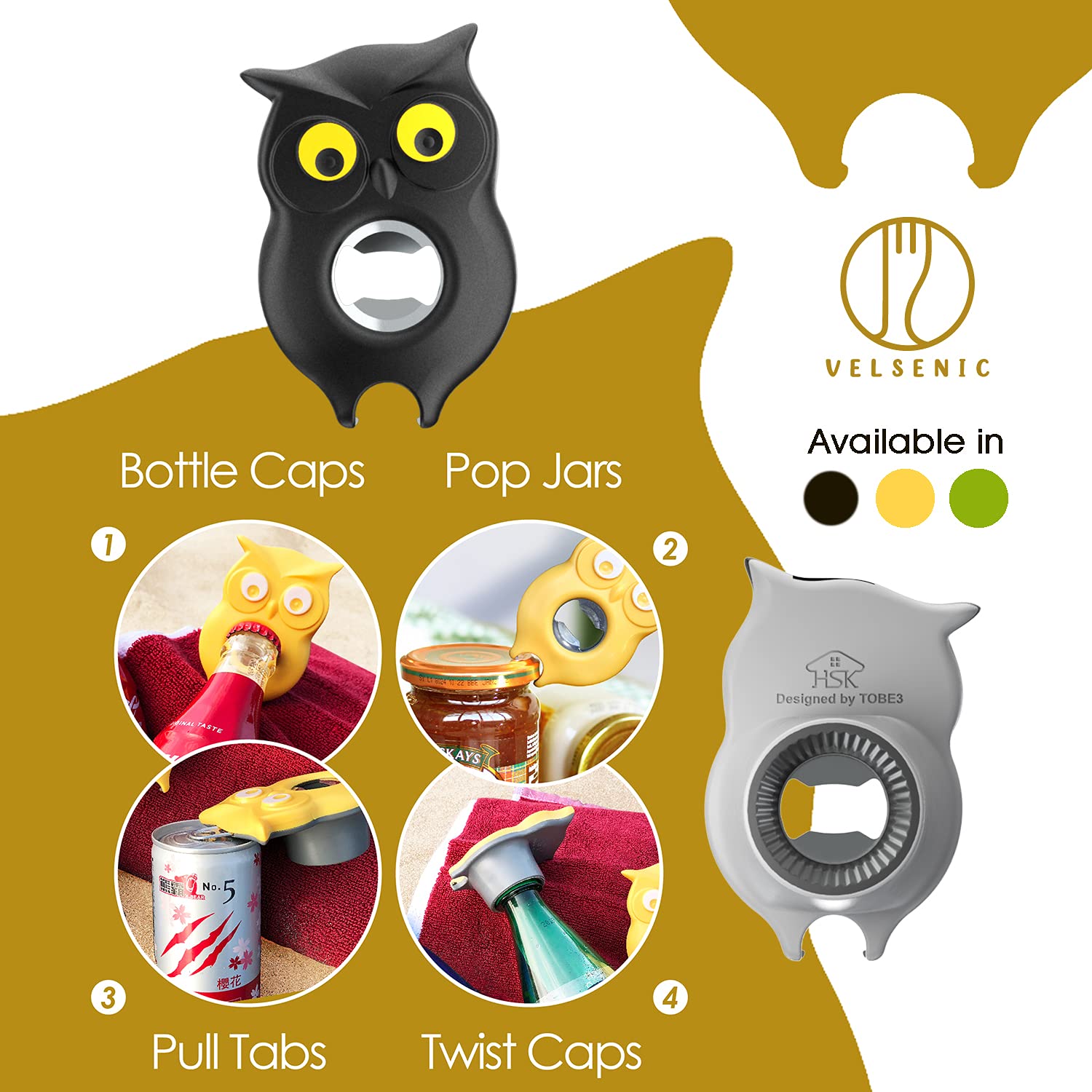 Abrebotellas múltiple para tapas giratorias, 4 en 1, bonito y divertido abridor de botellas de agua de búho para niños, abrebotellas de cerveza, abrelatas de refrescos, abridor manual de tarros para