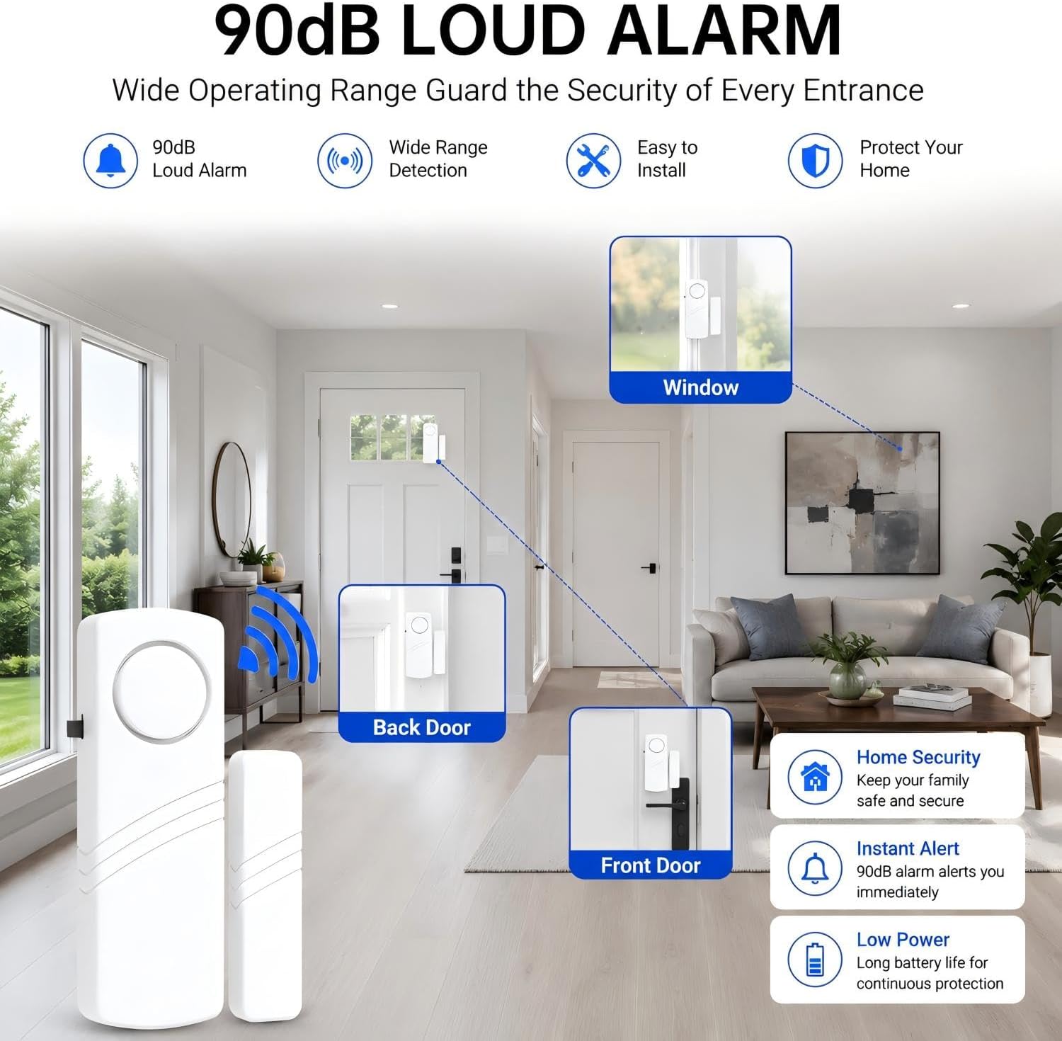 Door Window Alarm, 90dB Loud Wireless Security Sensor for Home, Apartment & Office, Easy Install Burglar Alert for Kids Safety, Pool Doors & Windows (2 White)