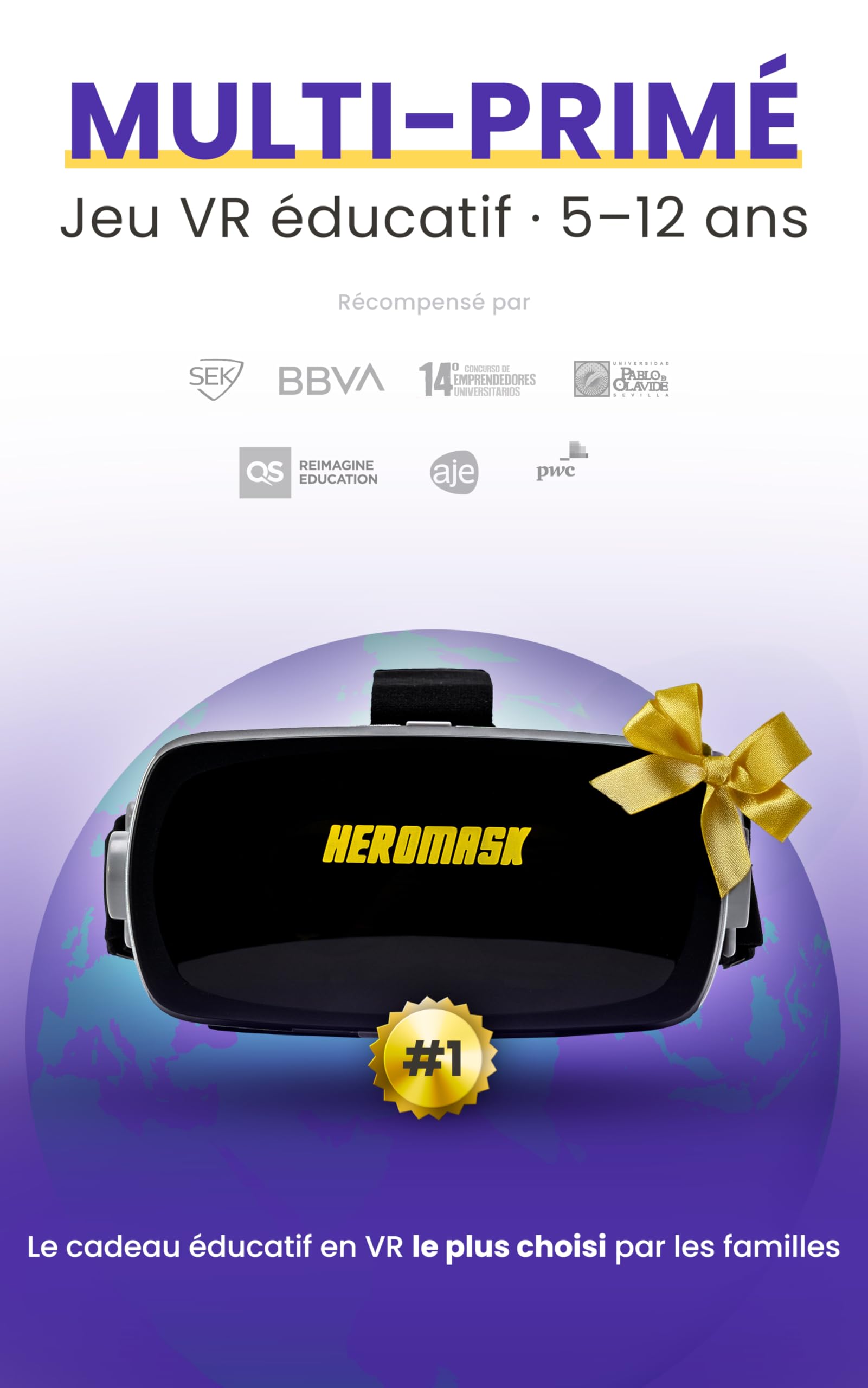 HeroMask Casque VR Réalité Virtuelle Enfant 5-12 Ans Jeux Maths Tables Multiplication Addition Calcul Mental