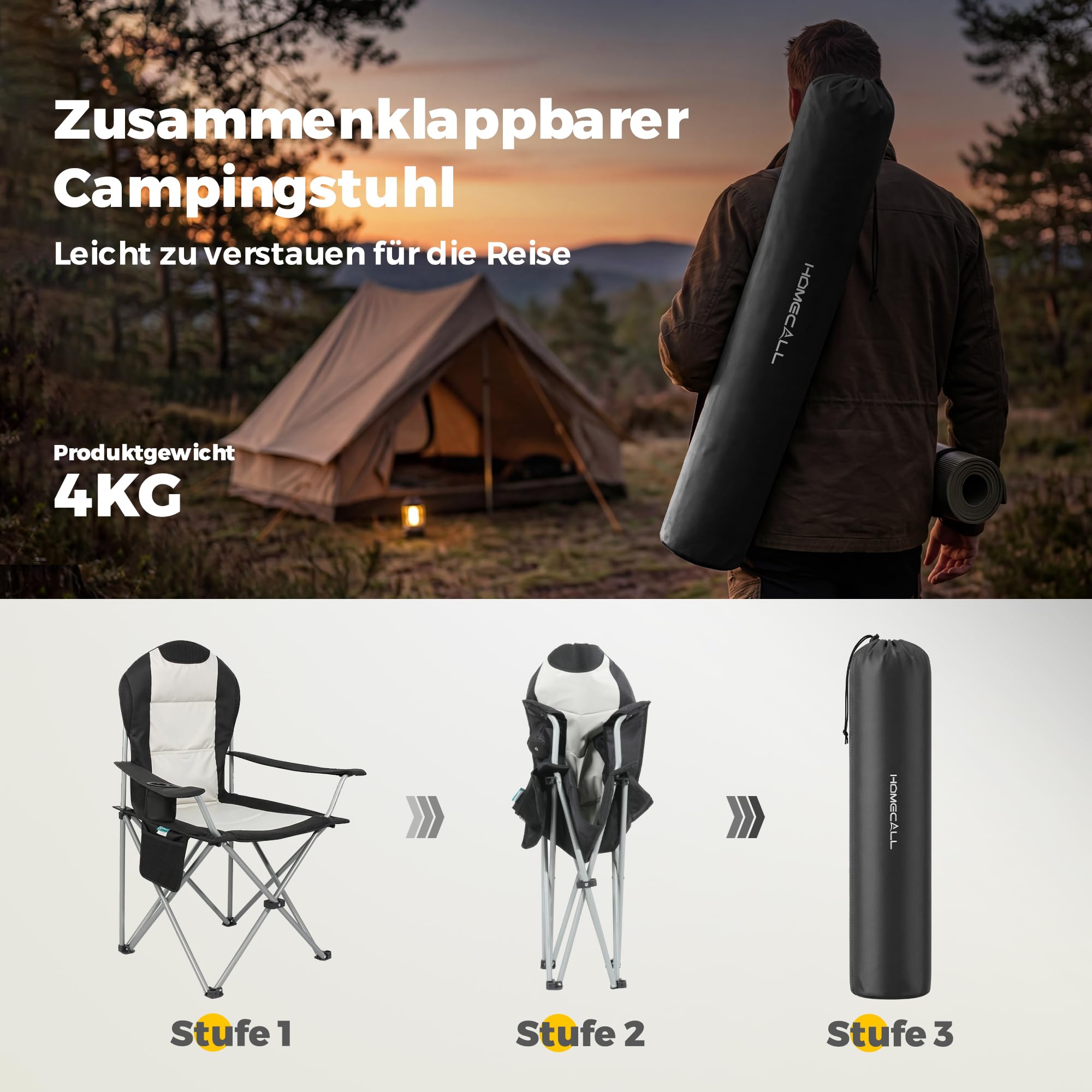 Homecall Krzesło kempingowe, składane, obciążenie 150 kg, krzesło kempingowe, z wysokim oparciem, 108 cm, z podparciem okolic lędźwiowych, wyściełane, składane krzesło kempingowe, krzesło wędkarskie,