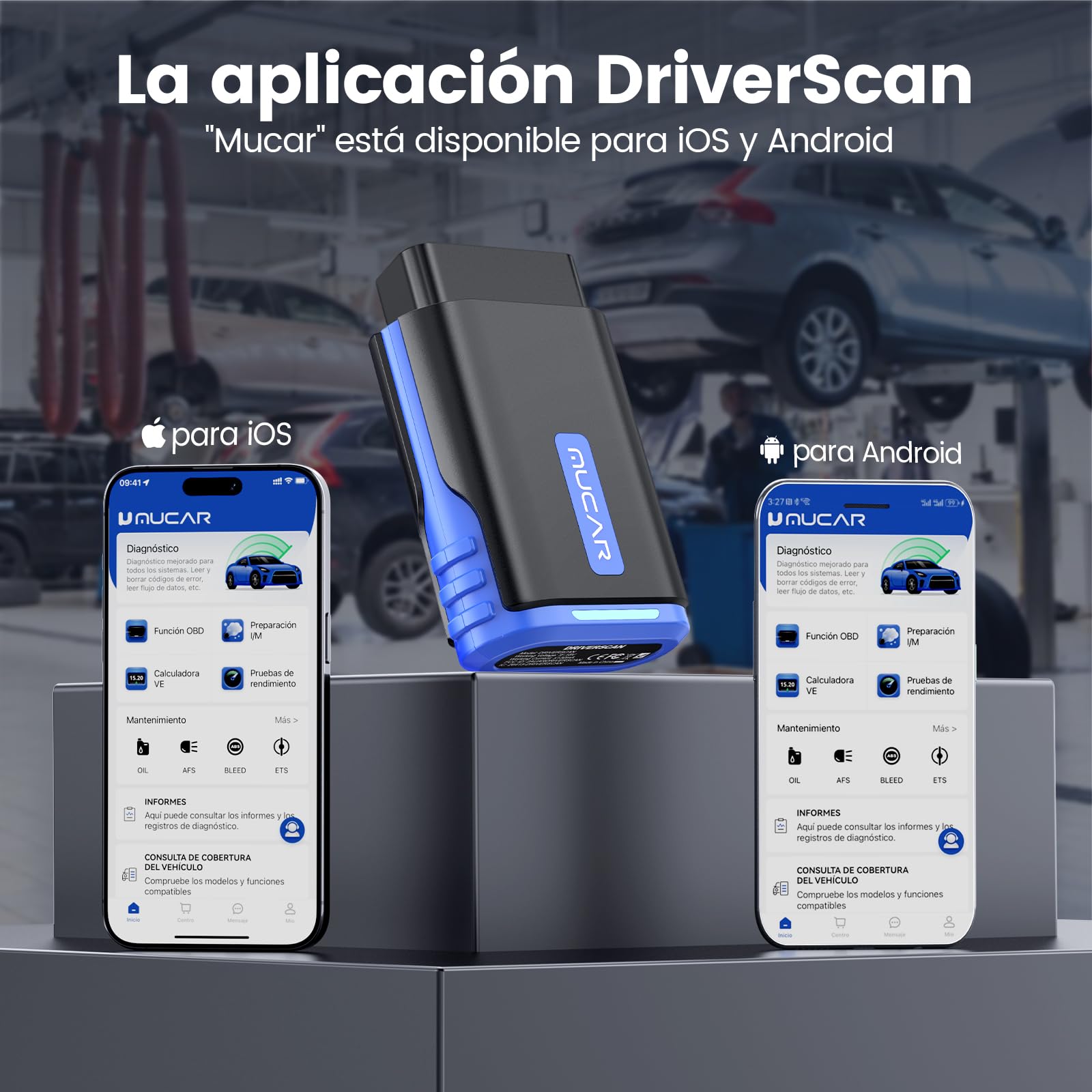 mucar DriverScan Adaptador Bluetooth OBD2 con Completo del Sistema | OBD2 Diagnosis Bluetooth Y 15 Funciones de Reinicio, Diagnosis Coche Multimarca Para Control Bi-Direccional/Codificación ECU