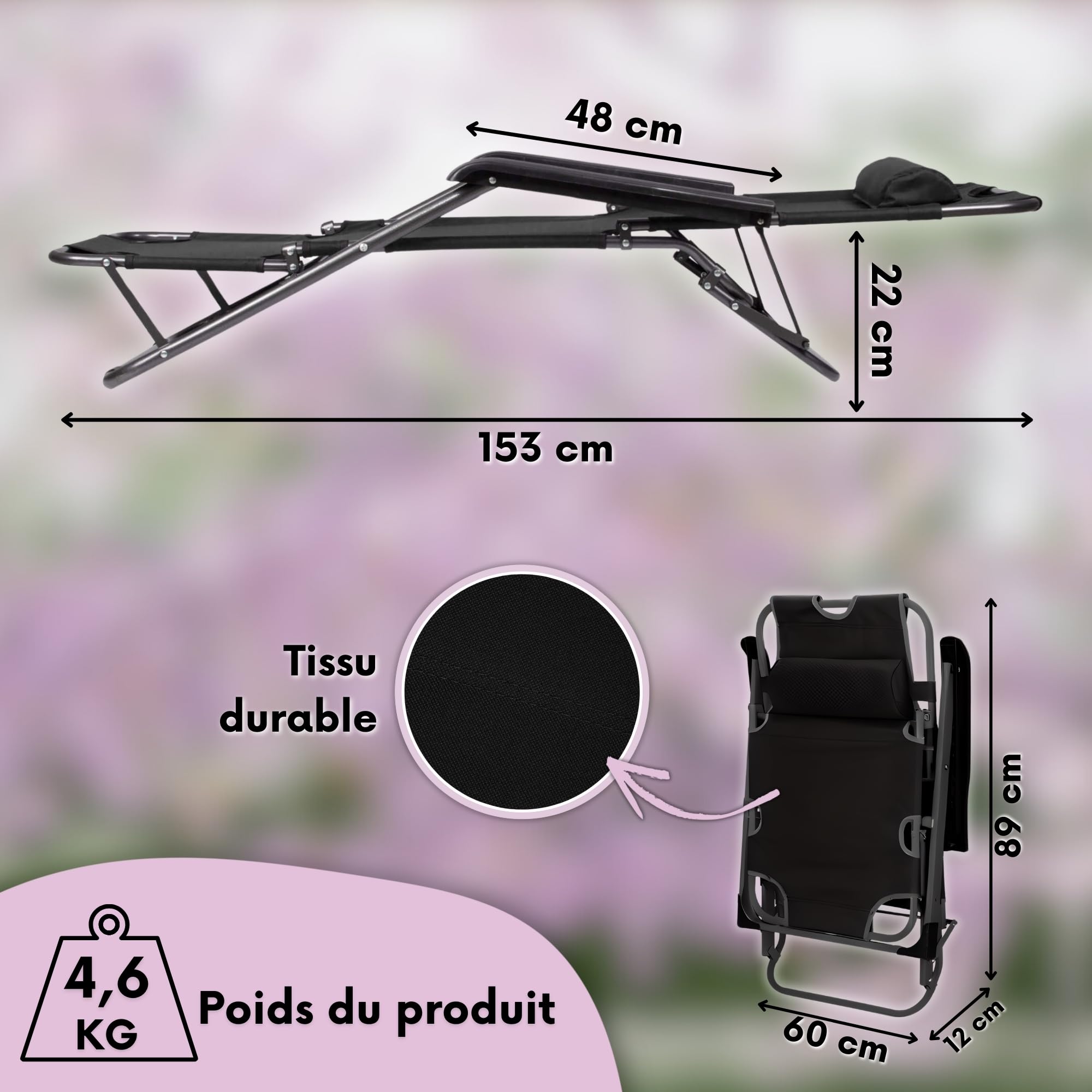 SPRINGOS Chaise Longue Pliable de Jardin avec accoudoirs – Fauteuil extérieur Pliable Confortable pour Le Jardin, terrasse et Camping, Chaise Longue réglable avec Support jusqu'à 120 kg