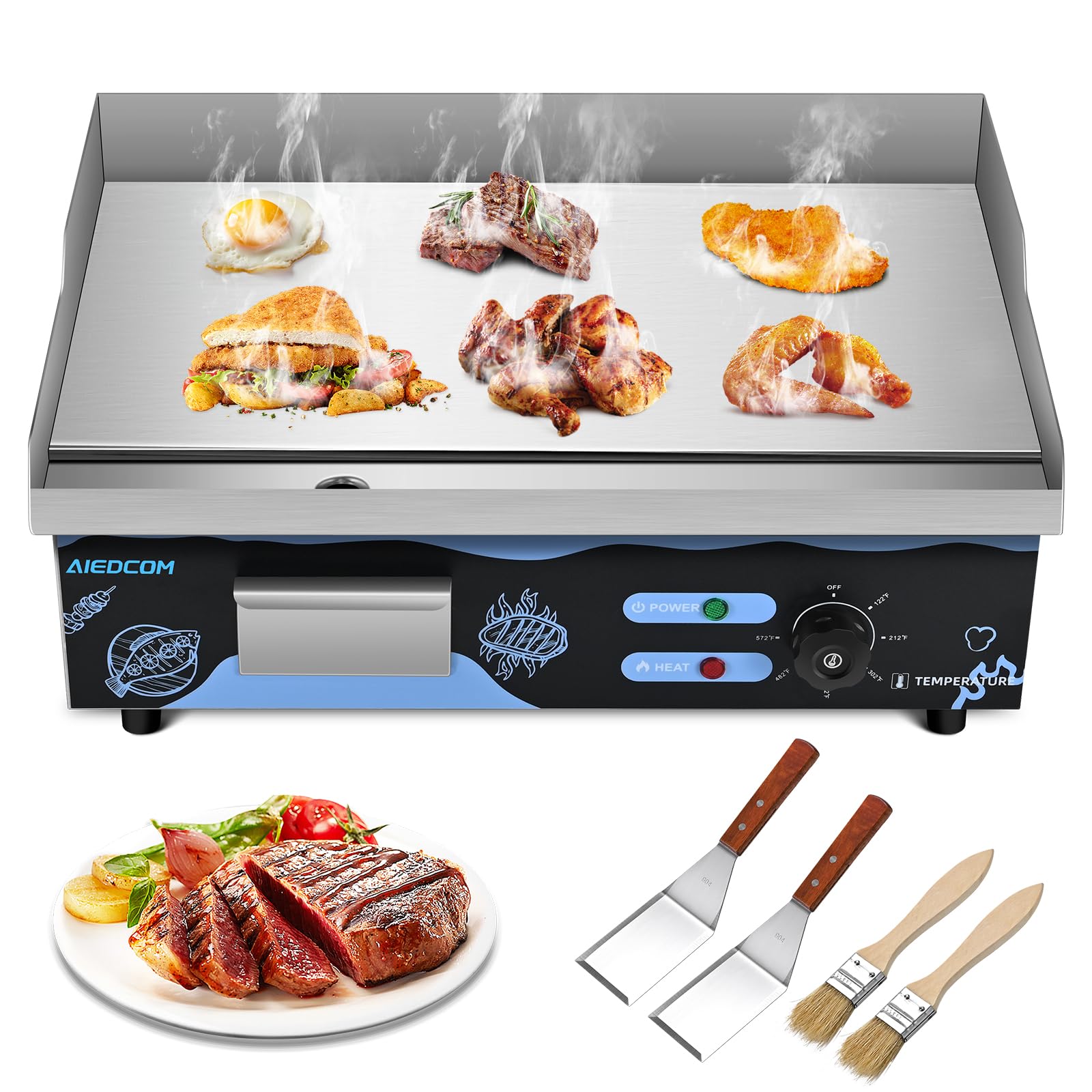 AiedCom 22 Inch Commercial Electric Griddle, Countertop Griddle with Non-stick Flat Top Grill, Stainless Steel Kitchen 2500W Electric Griddle for Home or Restaurant