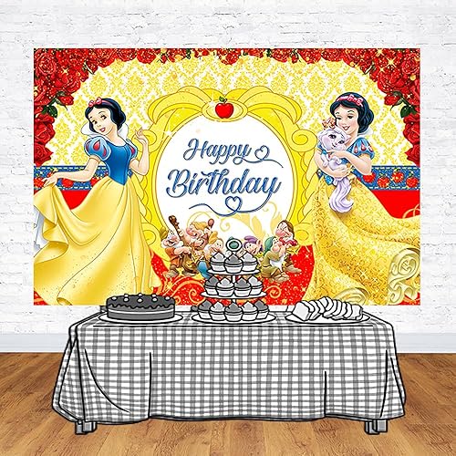 Miniatura 2 de Telón de fondo amarillo para suministros de fiesta de cumpleaños, fondos de fotos blanco nieve, fondo de fotos de princesa, blanco nieve, tema de