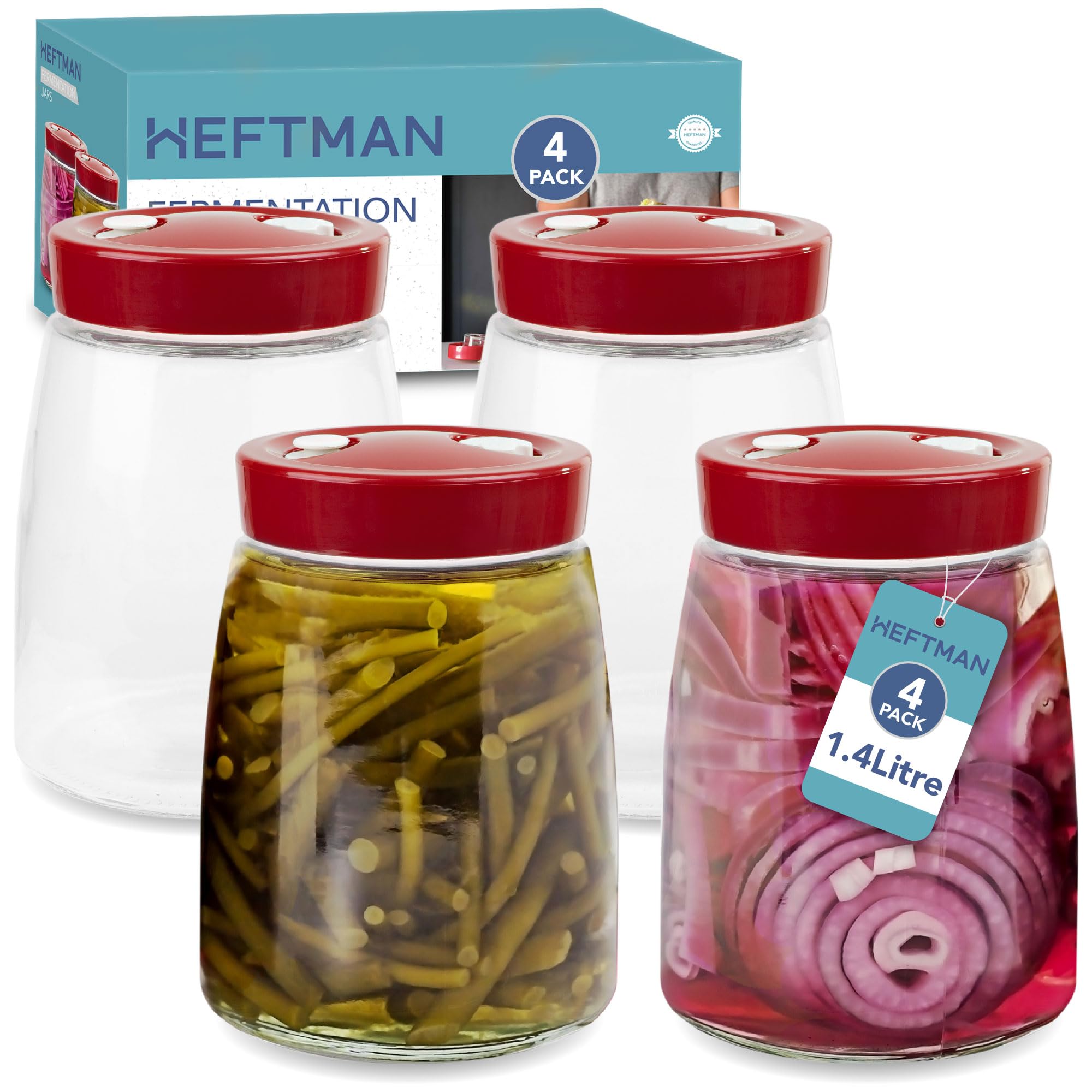 HEFTMAN Vaso de concha con abertura de drenaje de aire de 1 vía, 1,4 litros, 4 unidades, ideal para fermentación segura para kéfir, kimchi, chucrut, arrancador de masa fermentada, avena nocturna, 4