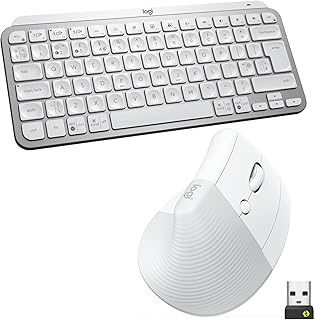Logitech MX Keys Mini Keyboard and Lift Vertical Ergonomic Mouse Combo - Wireless, Backlit Keys, Bluetooth or Logi Bolt USB receiver, Quiet, Windows/macOS/iPadOS, Laptop, PC, QWERTY UK - White