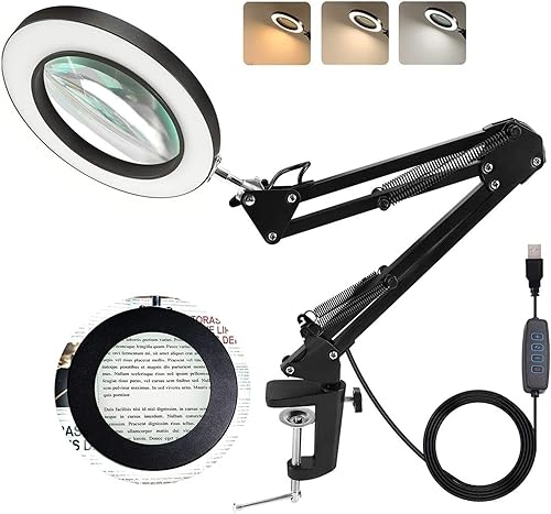 Miniatura 3 de Lupa 5X con luz LED, 10 niveles de brillo, 3 colores, lámpara de escritorio de banco de trabajo, luz de lectura LED con clip y brazo flexible, lupa