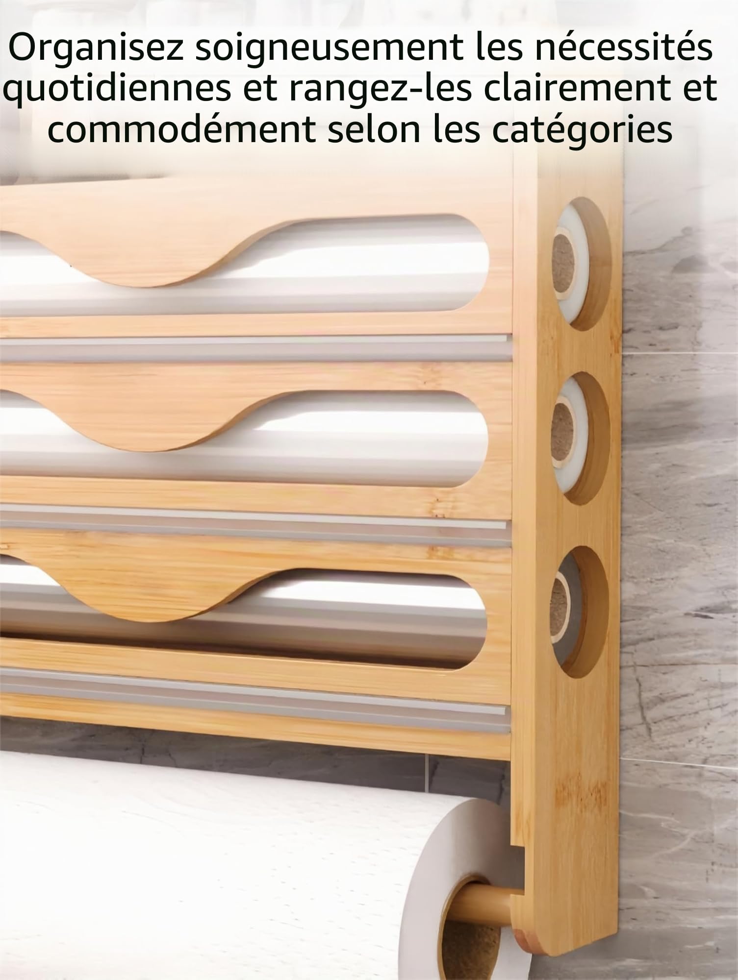 Distributeur de film étirable et coupe-papier avec porte-rouleau de cuisine, distributeur d'aluminium avec support de papier, distributeur mural en bambou et distributeur de film étirable, compatible
