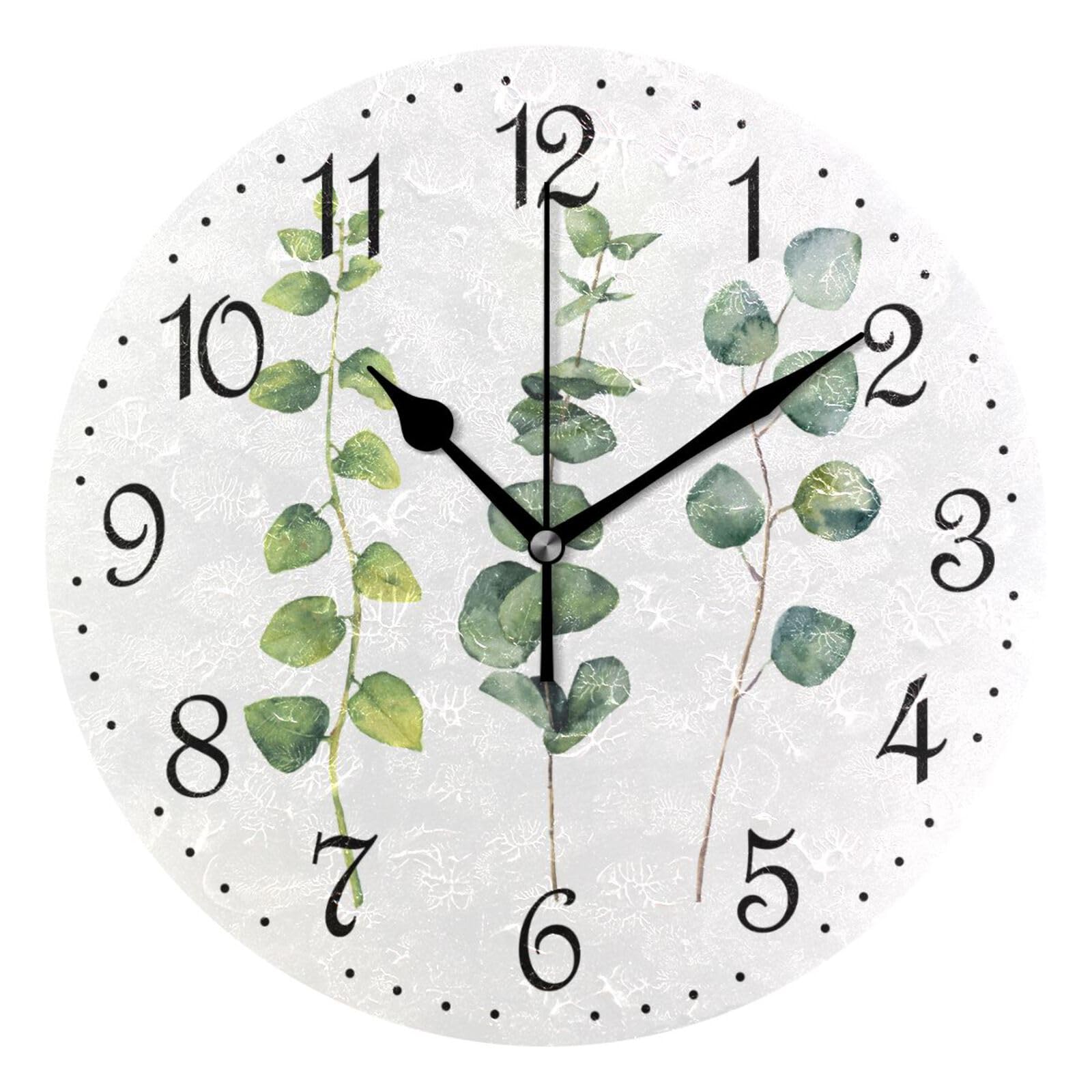 Mnsruu Wall Clock Watercolor Eucalyptus Leaves Twig, Silent Non-Ticking Decorative Wall Clocks Battery Operated 25x25cm
