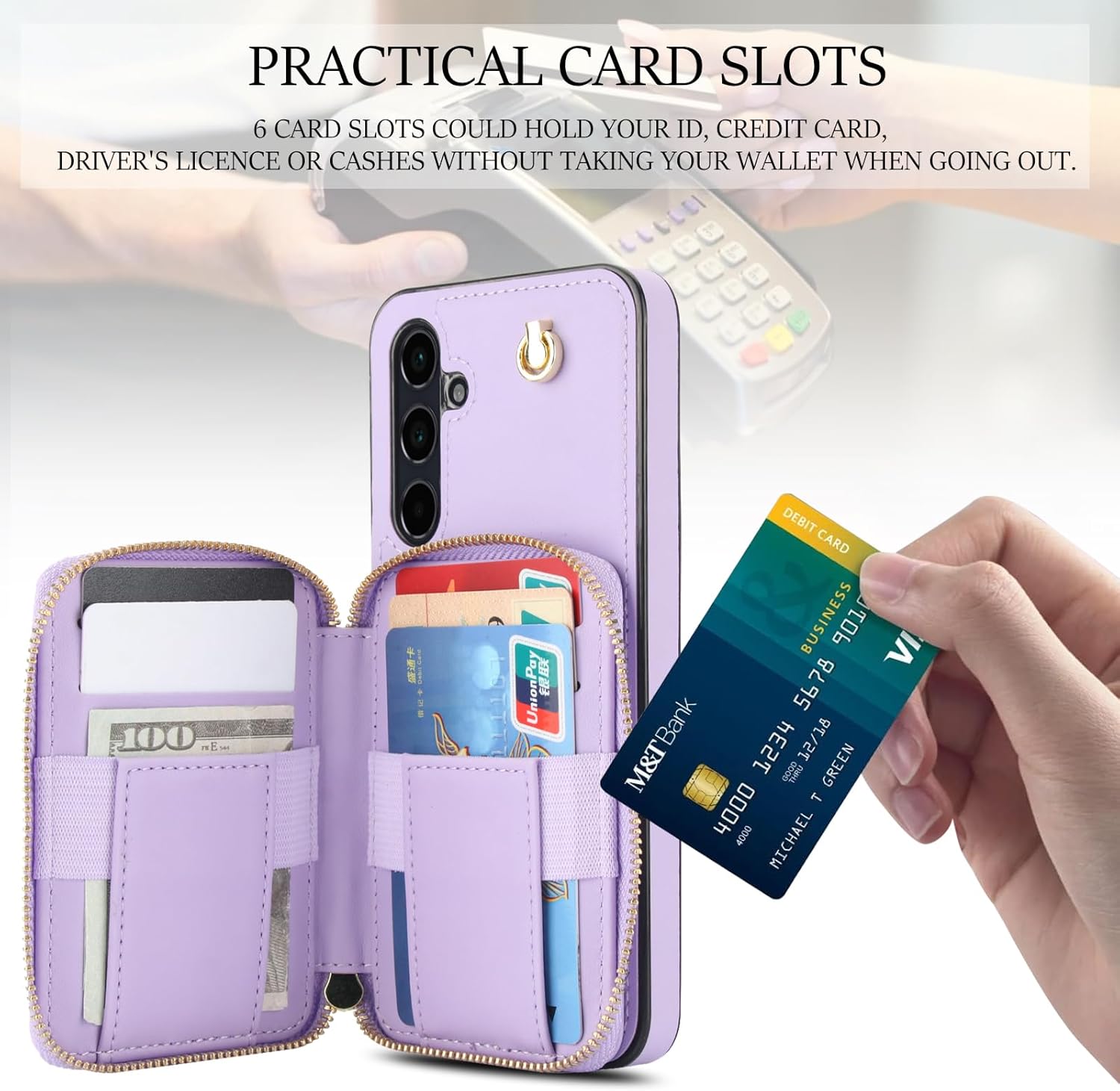 Phone Case for Samsung Galaxy A55 5G Wallet Cell Cover with Tempered Glass Screen Protector Wrist Crossbody Strap Lanyard Stand RFID Blocking Credit Card Holder Slot A 55 55A A555G Women Girls Purple