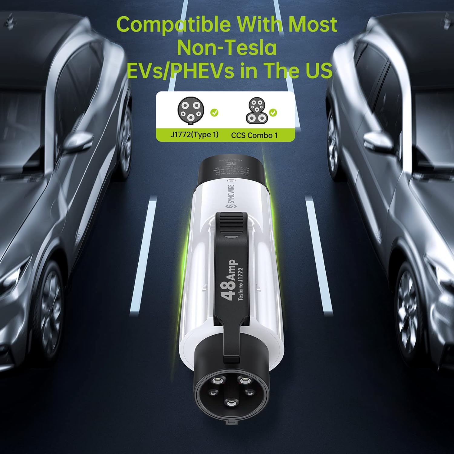 SYNCWIRE Tesla to J1772 Adapter for J1772 PHEVs & EVs, 48A/250V AC, Compatible with Tesla High Powered Connector, Destination Charger, and Mobile Connector - White