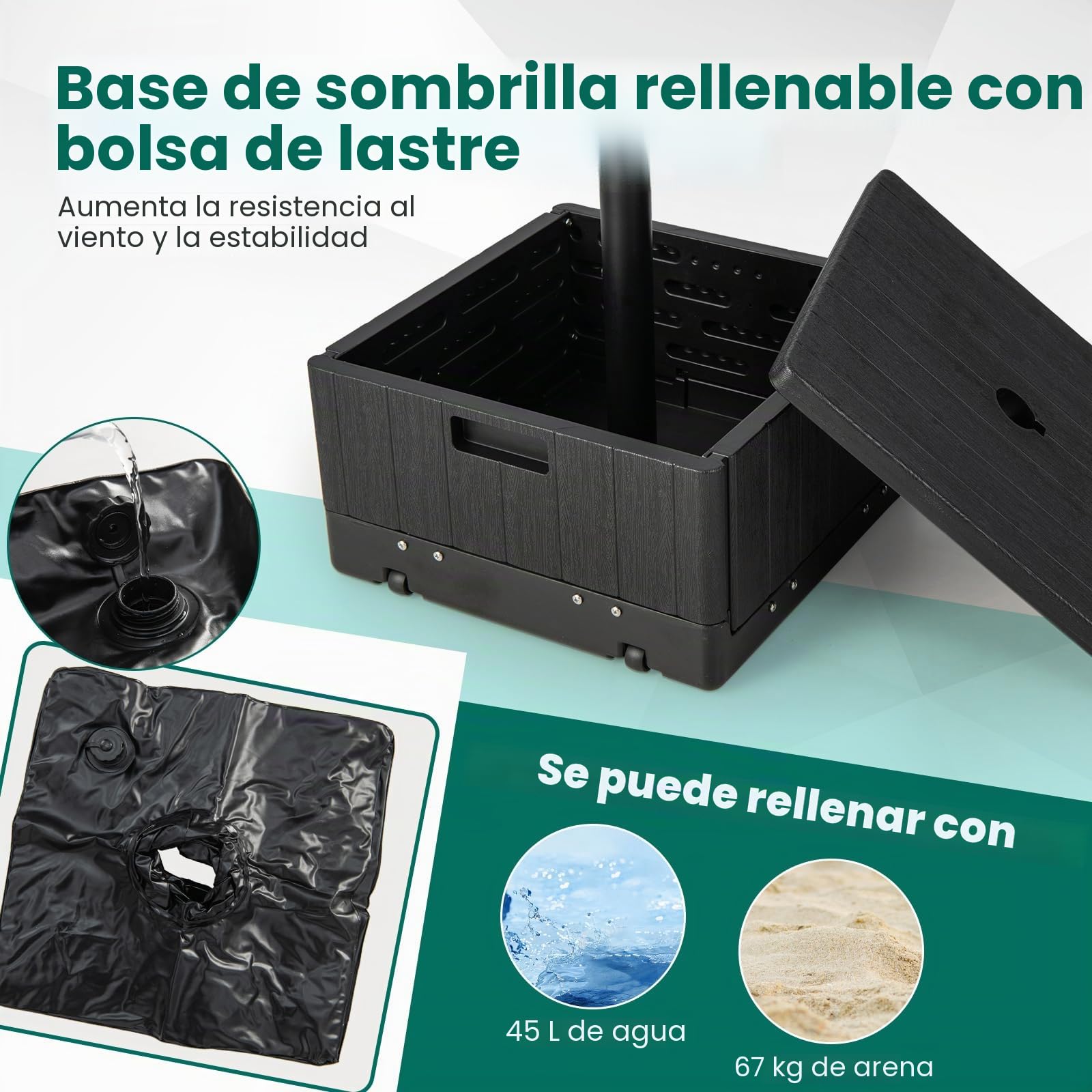 RELAX4LIFE 3 en 1 Soporte para Sombrilla Rellenable con Ruedas y Mesa Auxiliar, Base Sombrilla HDPE con Asas y Bolsa de Peso para Postes de Sombrilla 38/48 mm para Terraza/Piscina/Jardín (Negro)