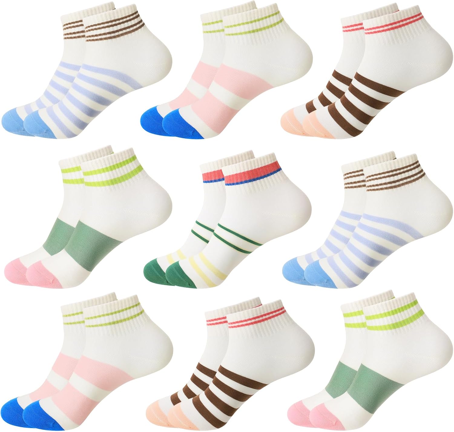 9 Pairs Cute Striped Ankle Socks, Novelty Low Cut Athletic Socks, Colorful Casual Cotton Sock for Women Girls Size 5-9