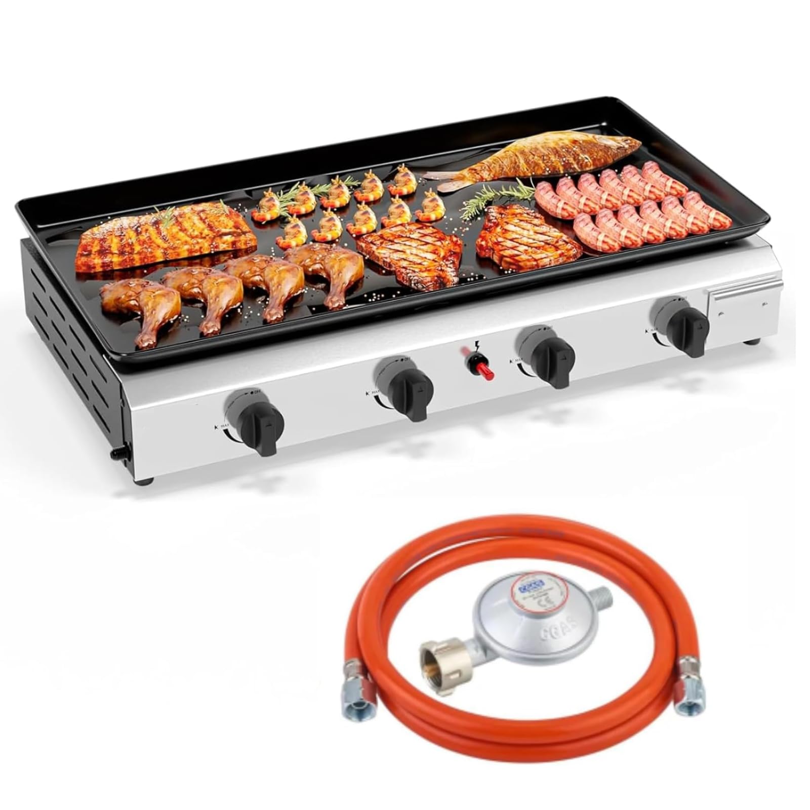 LEADZM Gasgrill, 4 Brennner 9.6KW - Ausgestattet mit einem 50-Mbar-Druckminderventil, Tischgrill für Camping, Garten & Strand
