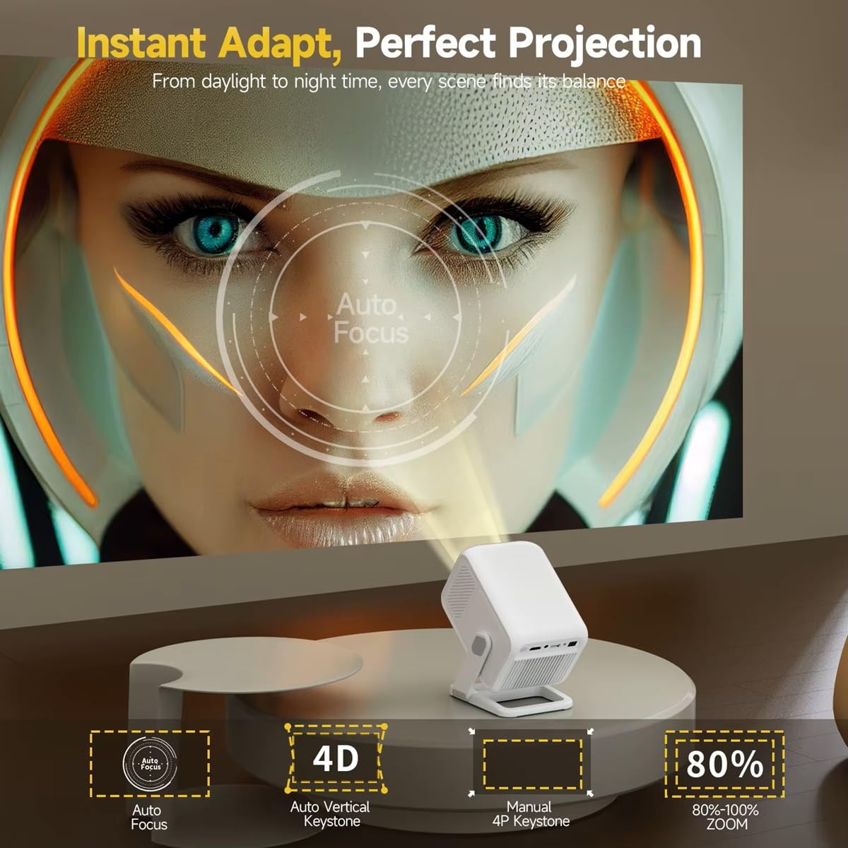 Proiettore mini HY310X 4K Full HD 1080p 420ANSI Android 14, messa a fuoco automatica, correzione trapezoidale, per cinema all'aperto con treppiede.