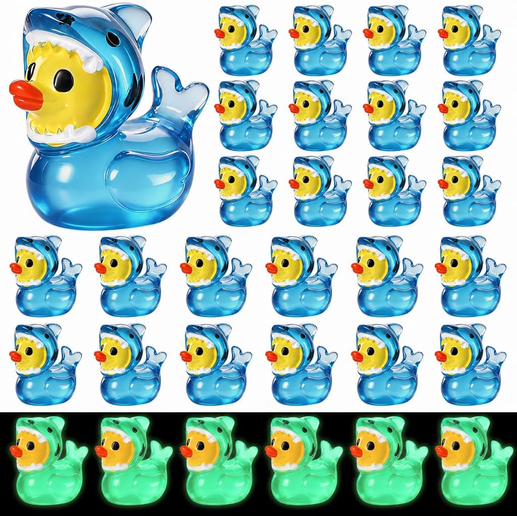 30 Pcs Mini Glow Resin Ducks Shark Themed Figures Blue Decor