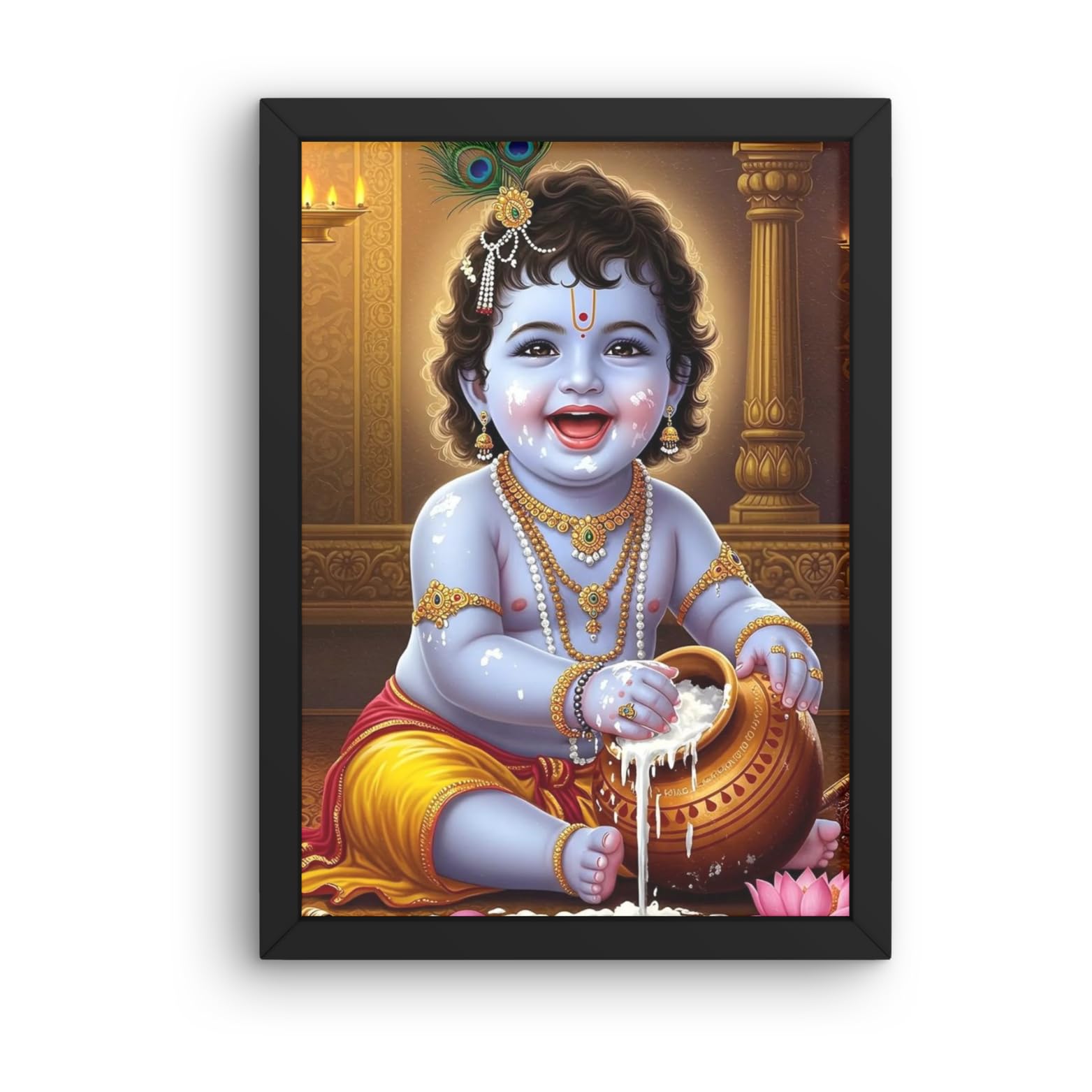 Deity Crafts Bal Krishna Photo Frame – Baby Krishna Eating Butter Wall & Tabletop Décor for Home, Pooja Room & Temple | Laddu Gopal Spiritual Artwork with Premium Acrylic Glass, Multicolor Frame – 34 x 24 cm-image-48
