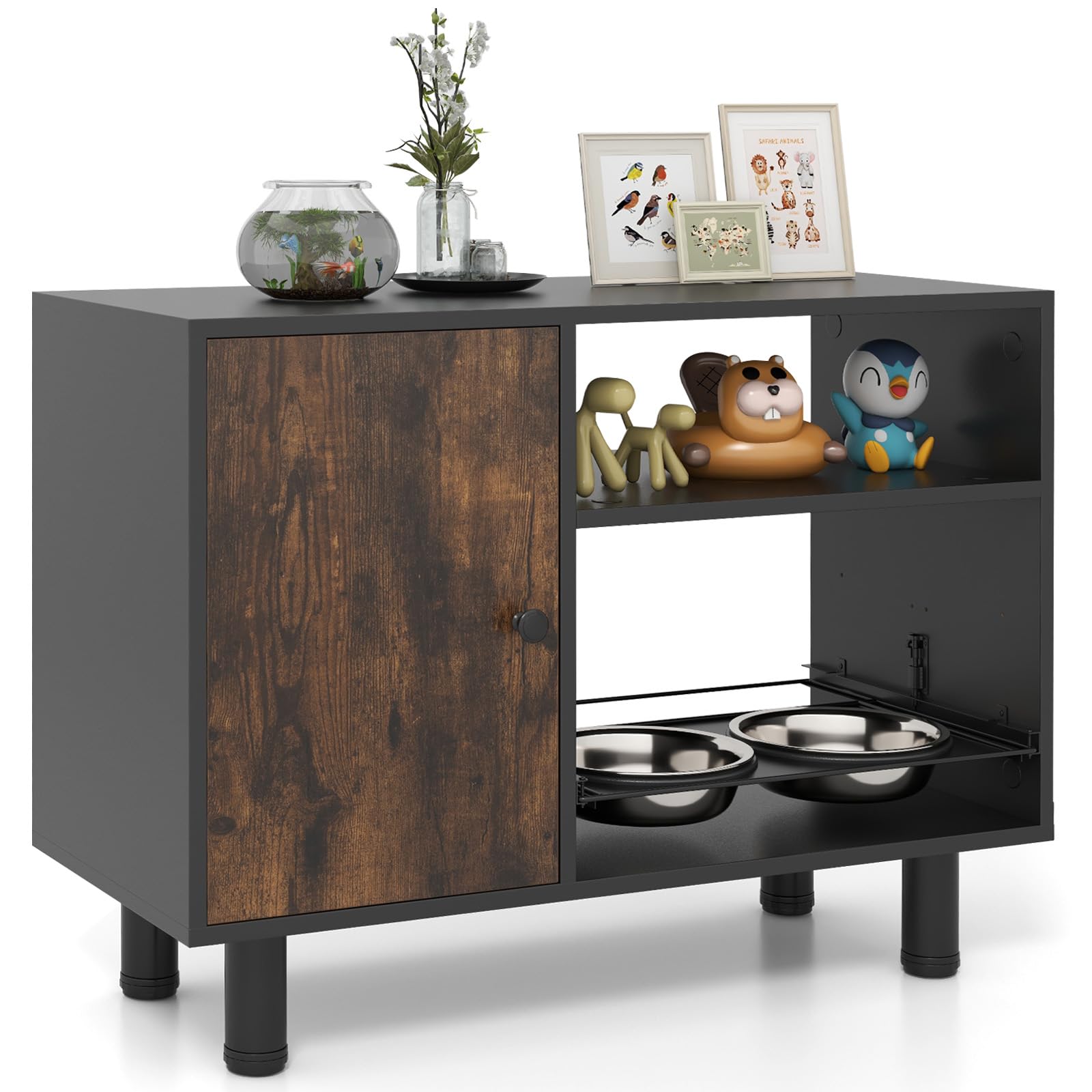 COSTWAY Gabinete de Almacenamiento de Alimentos para Perros, Comedero Perro Elevado con 2 Cuencos Elevados de Acero Inoxidable, Estantes, Estación de Alimentación para Suministros, 82 x 35 x 60 cm