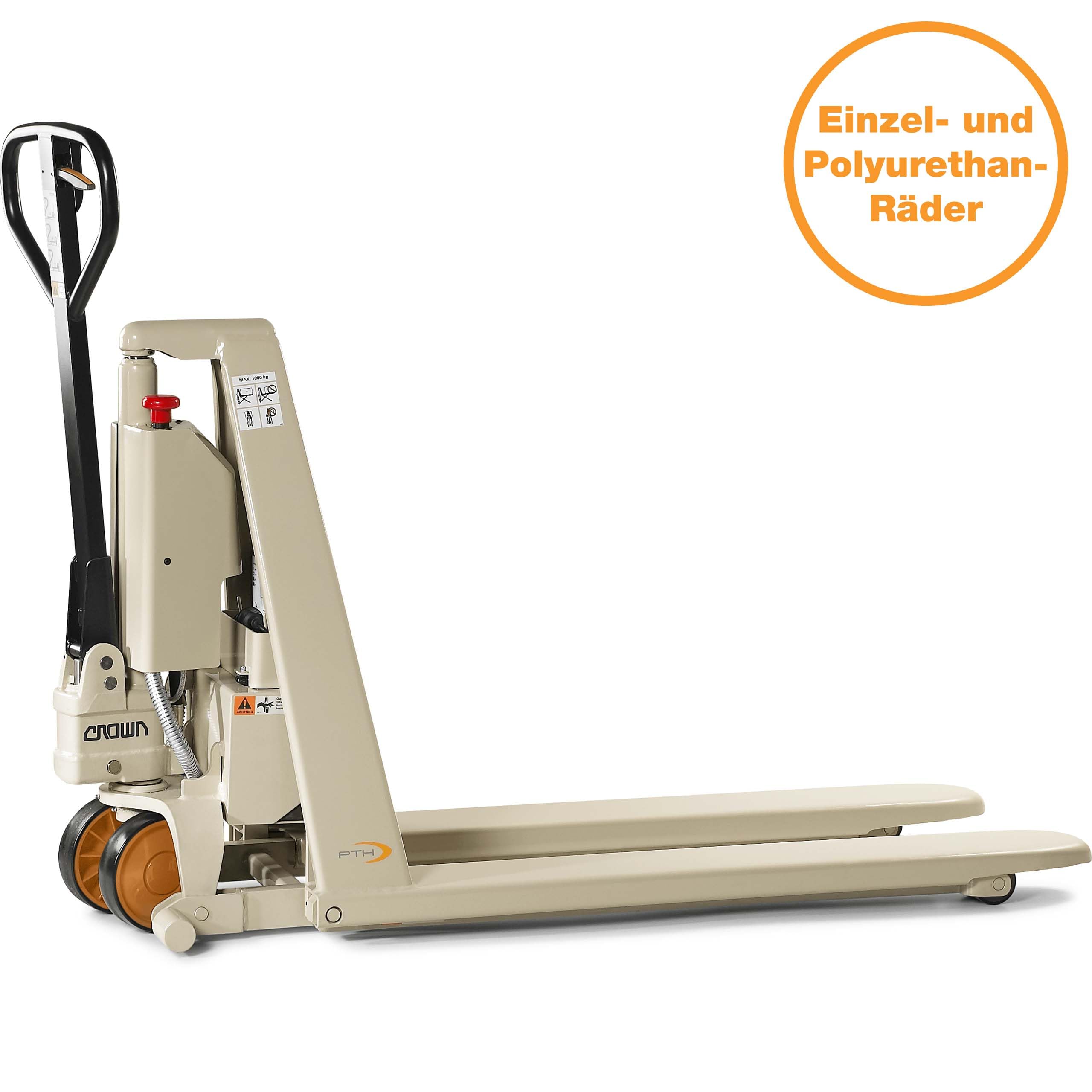 Crown PTH 50 PS Scherenhubwagen mit Elektro-Scherenhub | 1000 kg Tragfähigkeit | Hubhöhe 800 mm | Single-Polyurethanrollen | Hubwagen Scherenhub | Palettenhubwagen | Hubtischwagen