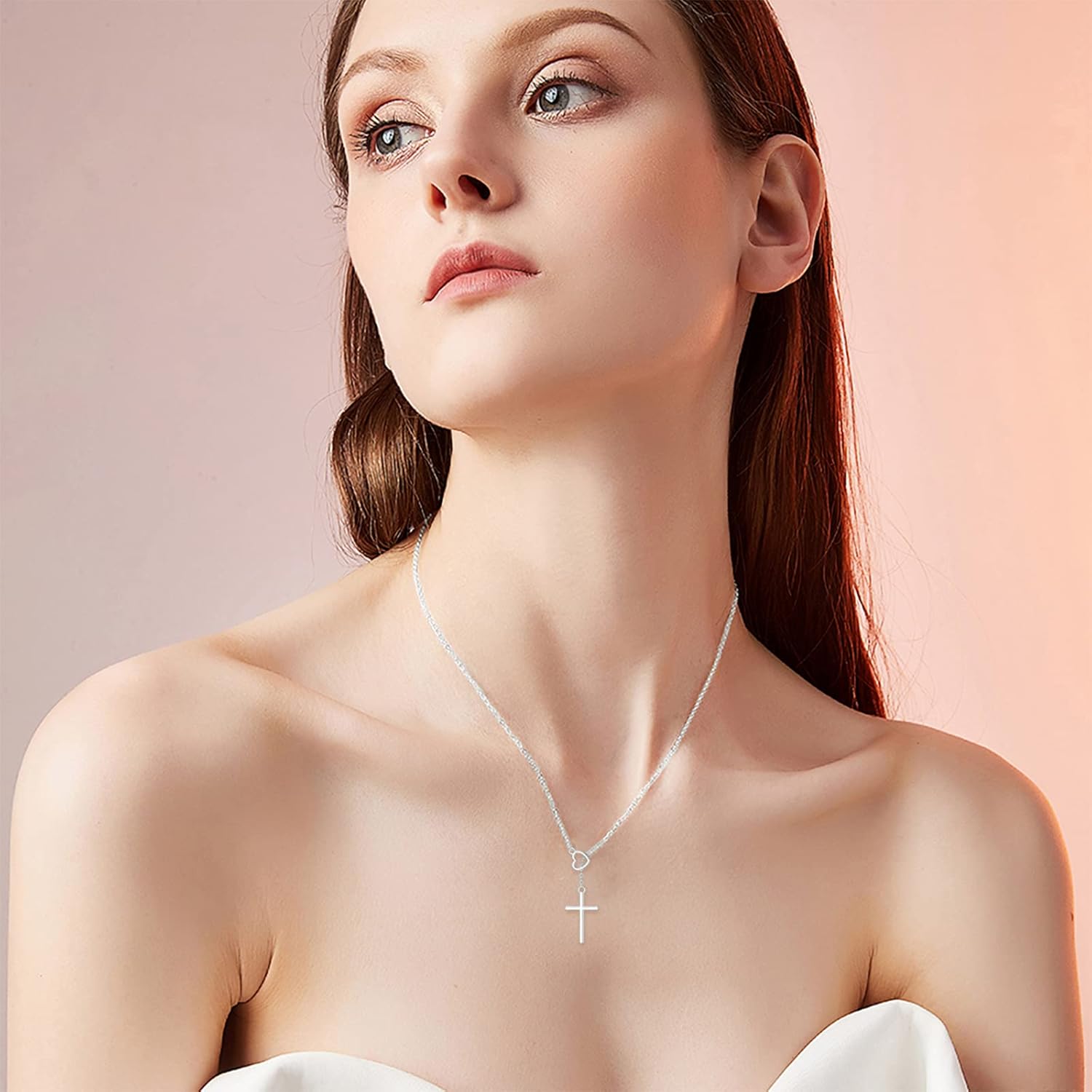 SISGEM 14K Real Gold Cross Necklace for Women,Yellow/White Gold Small Heart Cross Y-Necklaces,Anniversary Birthday Jewelry Present for Wife Mom 16''+2'' - Image 2