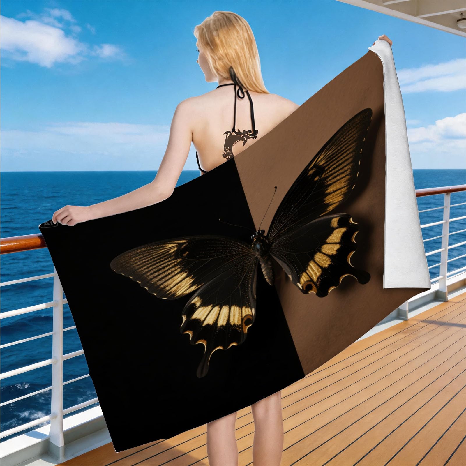 Hongduo Microfiber Quick Dry Beach Towel Black Gold Butterfly, 3D Insect Art Beach Towels Absorbent Fast Drying Bath Towels, Travel Camping Gym Swimming Bathroom (80x160cm)