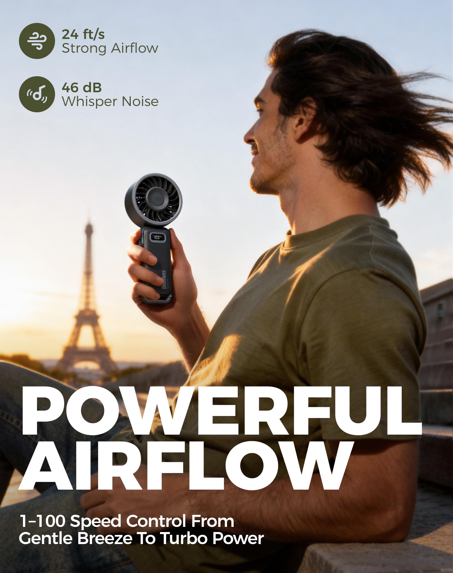 Diveblues Turbo Portable Fan, 3X Powerful Airflow, 1-100 Speed, 4-in-1 Handheld Fan Mini Fan with Carabiner Clip, Up to 12H Cooling for Travel, Gifts for Women, Travel Essentials, Airplane Gadgets - 2