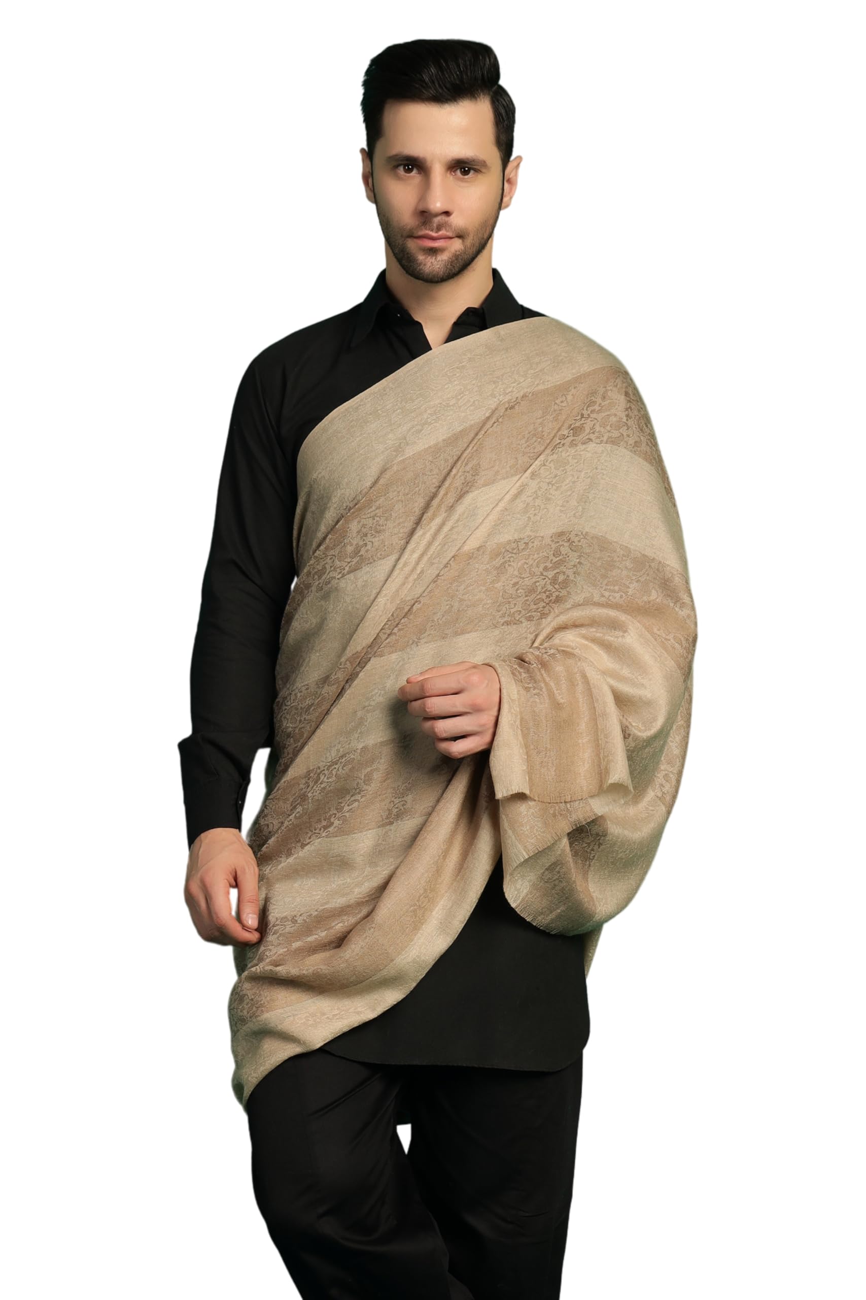 pashtush Mens Extra Fine Wool Shawl, Check Ambi design, Beige-picture-25