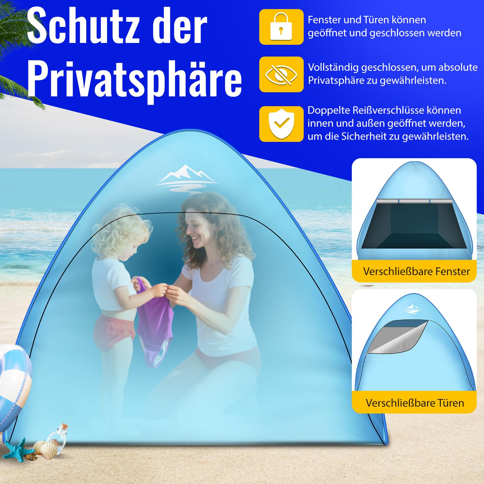 Strandmuschel Pop Up Strandzelt Strandzelt 1-3 Personen, Pop Up Strandmuschel mit Reißverschlusstür UV-Schutz 50+ Windschutz, Automatisches Tragbarer Wurfzelt für Familie Camping Garten Strand - 4