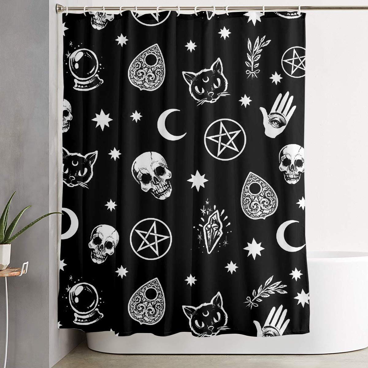 Durable Thick Shower Curtain Polyester Fabric Waterproof Machine Washable Bathroom Decoration Skull Cat Moon Gothic Pattern Black Shower Curtain 60x70 Inch with 12 Hooks