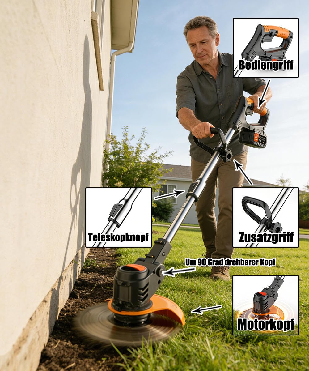 Rasentrimmer mit Akku 21V 2.0Ah mit 5.000 U/min und 550W Motor Motorsense mit 2 Akkus ist Ihr Perfekter Partner für die Garten und Rasenpflege
