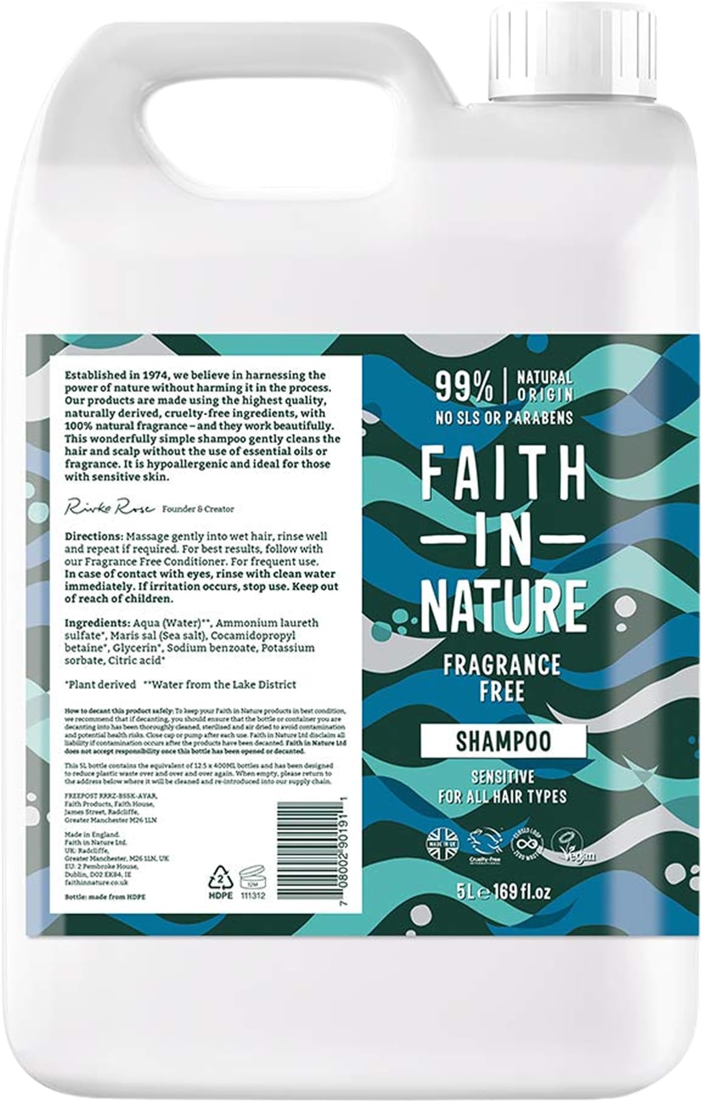 – Natural Fragrance Free Shampoo, Sensitive, Vegan and Cruelty Free, No SLS or Parabens, For All Hair Type, 5L Refill Pack