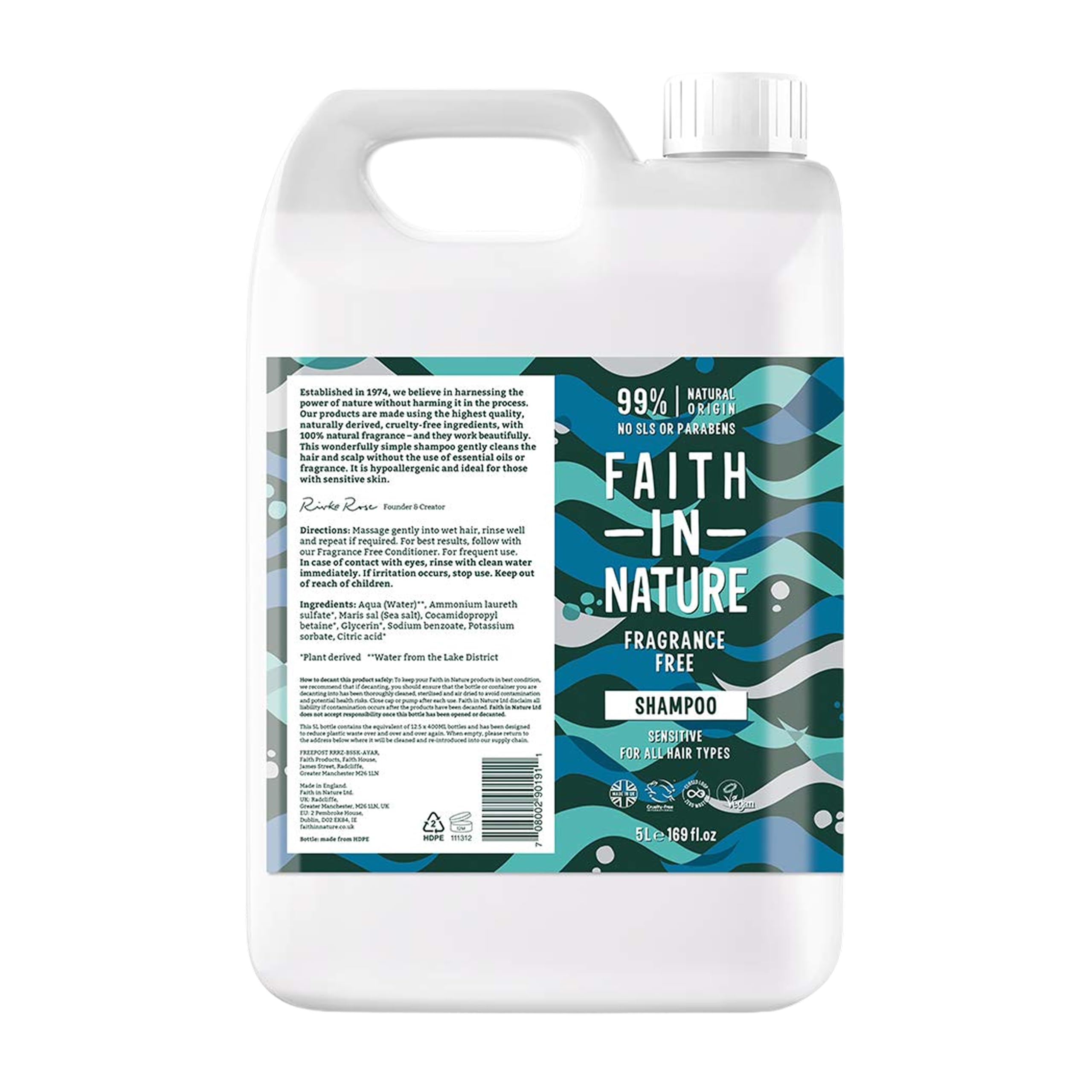 FAITH IN NATURENatural Fragrance Free Shampoo, Sensitive, Vegan & Cruelty Free, No SLS or Parabens, For All Hair Type, 5L Refill Pack