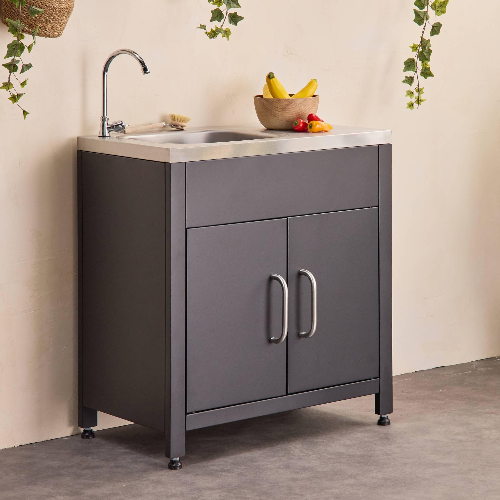 sweeek - Cocina exterior de acero con fregadero de 80cm, Grimaud, Negro, 52.5x80x114 cm