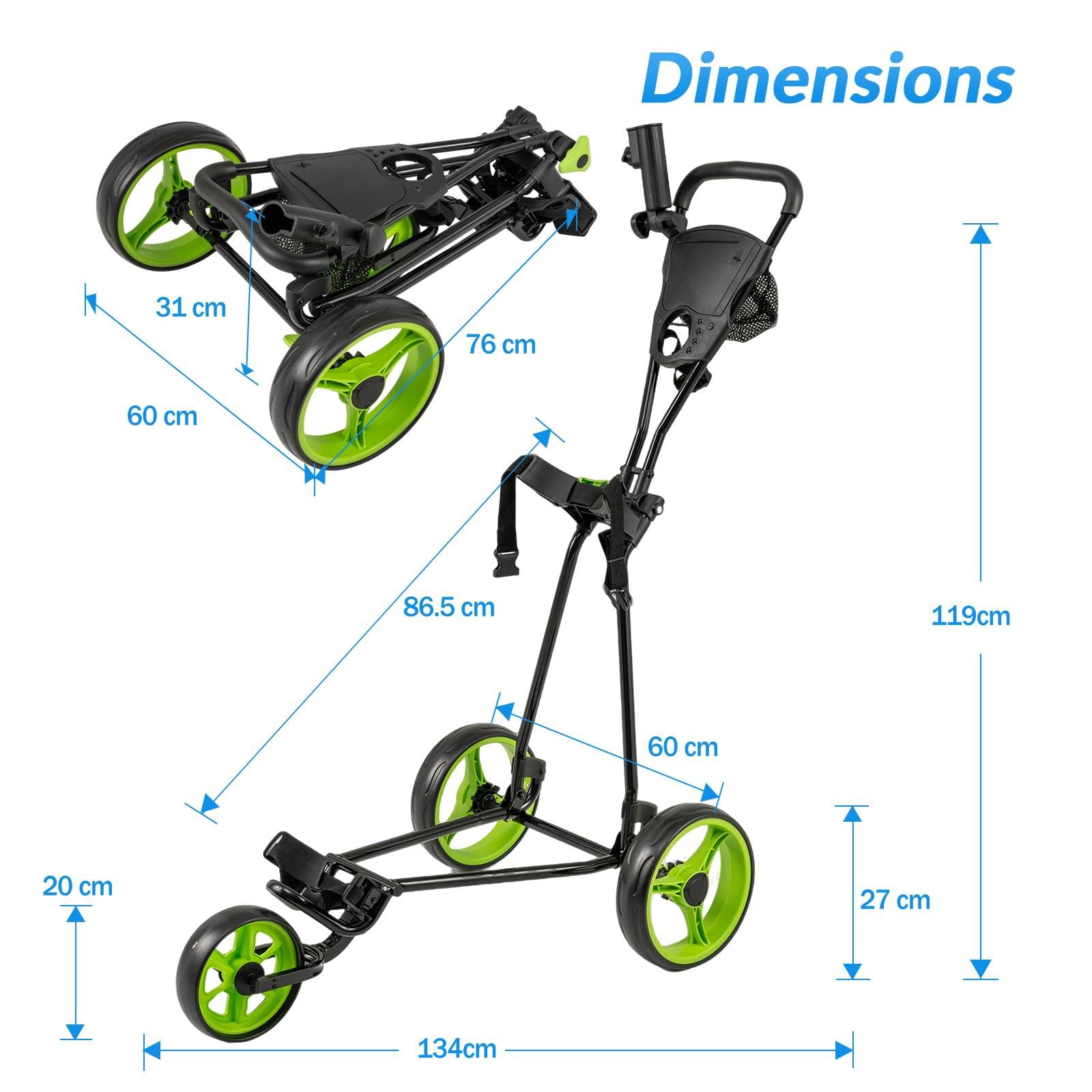 GYMAX Carrello da Golf, Pieghevole a 3 Ruote (Verde)