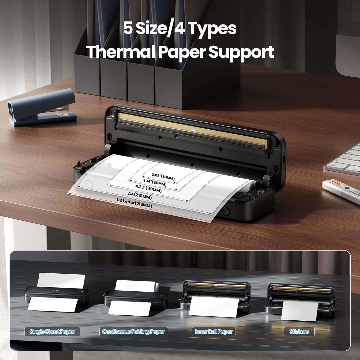 Phomemo M834 Stampante Portatile A4, Stampante Termica Portatile, Connessione Bluetooth e USB, Supporta Carta Termica A4, Con Custodia per il Trasporto e 4 Rotoli di Carta Termica, Nero
