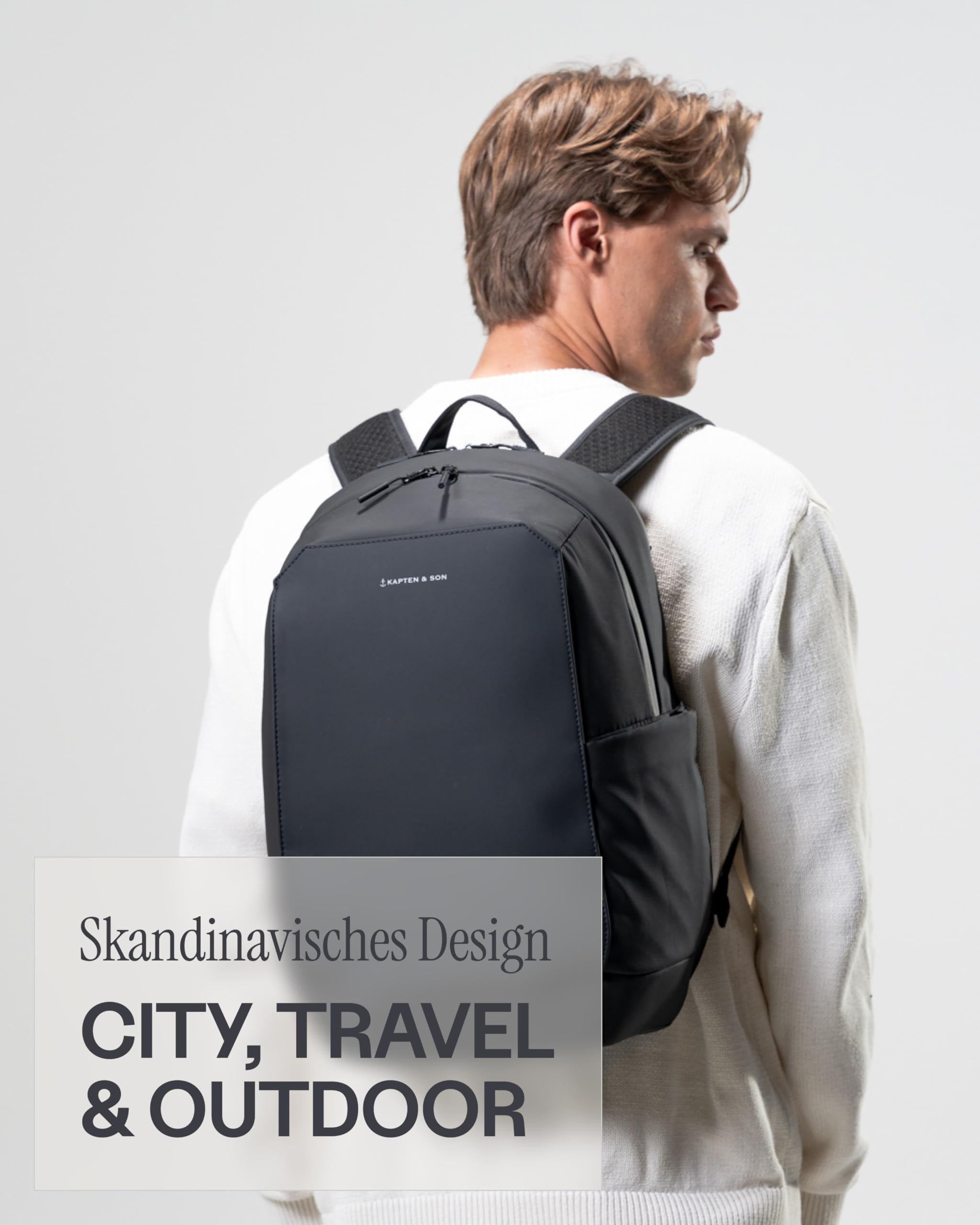 Kapten & Son Rucksack Oslo All Black 18L | Rucksack Herren Schwarz | 16 Zoll Laptopfach, Handgepäck-Größe & Kofferbefestigung | Ergonomisch & Wasserabweisend mit Schlüsselkarabiner