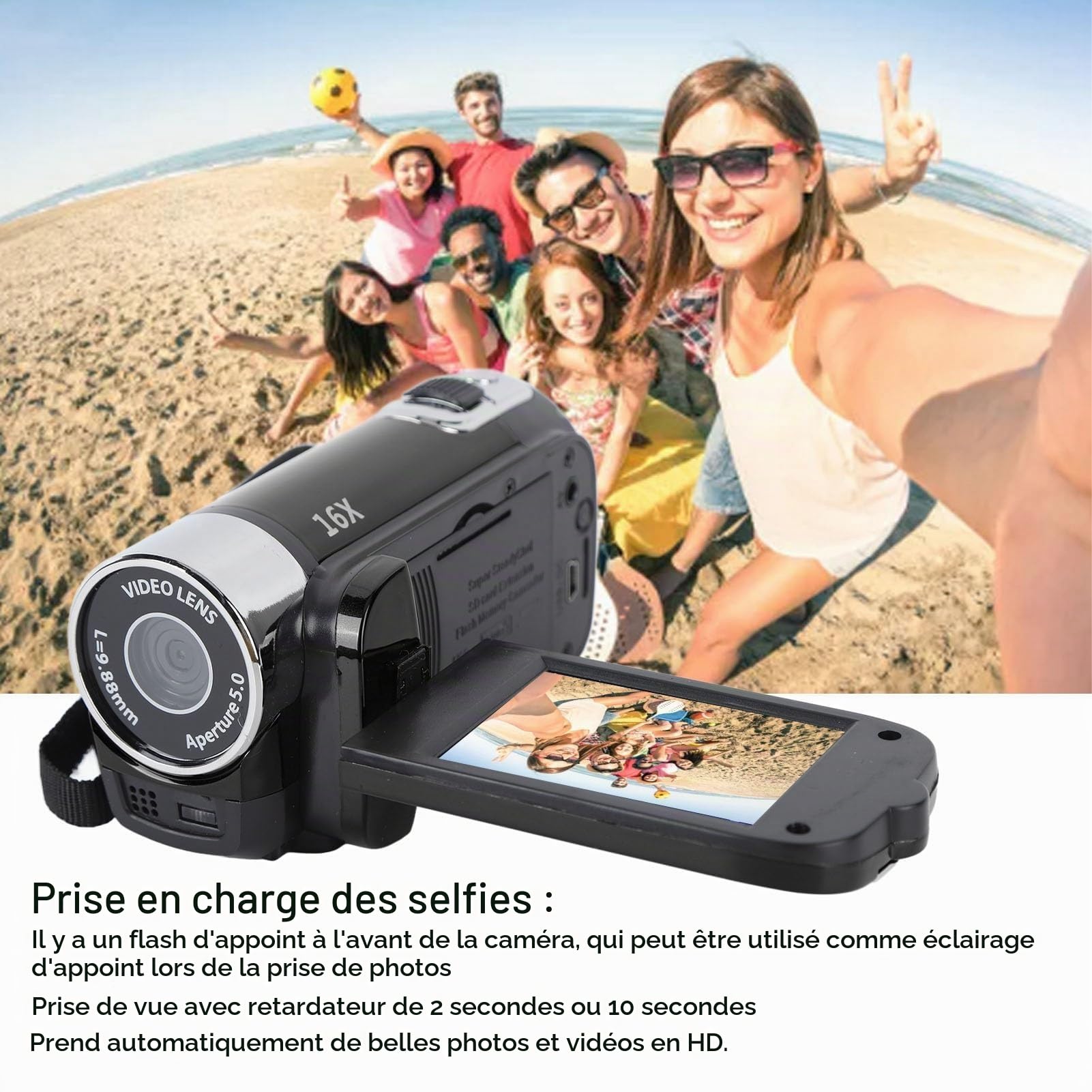 Ejoyous Caméscope vidéo 4K 48MP DV-Caméscope Caméscope 2,7 pouces Écran TFT rotatif 16X Zoom numérique Appareil photo compact avec câble USB (Noir)