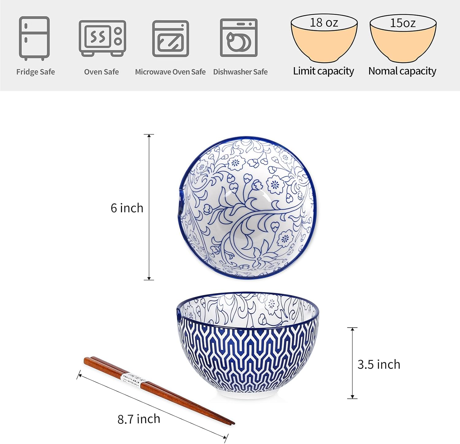 Selamica Ceramic Ramen Bowls Set, 15 OZ Noodle Bowls for Kitchen with Chopsticks, Deep Soup Bowls for Japanese Ramen Udon Soba, Microwave Dishwasher Safe, Set of 4, Vintage Blue