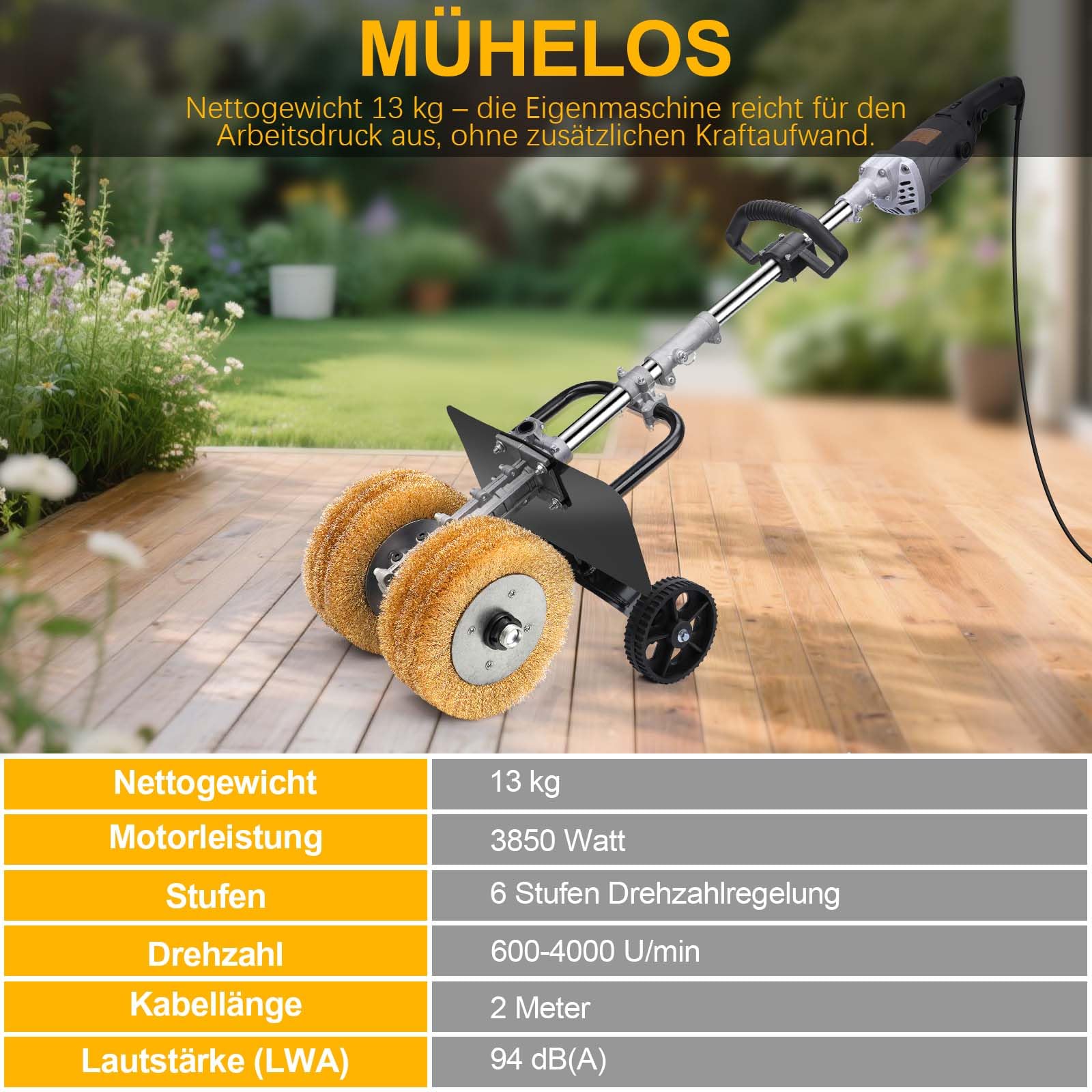 3850W Satiniermaschine für Holz Metall, 2X Schleifbürste Ø180mm, 6-Gang | 4000U/m, 94dB, zum Naturstein Fliesen Kunststoff Lackfläche, Bürstenschleifer Schleifmaschine mit Handgriff