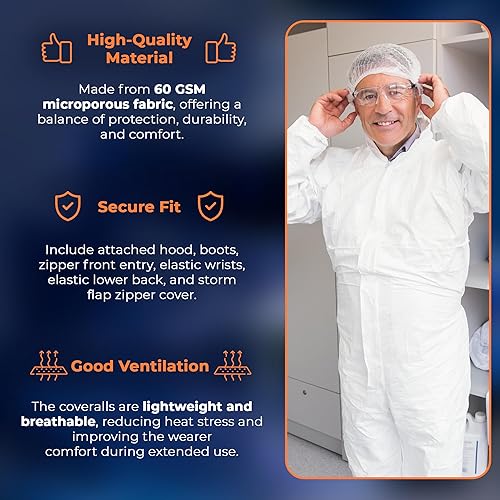 Miniatura 3 de EZGOODZ Trajes blancos para materiales peligrosos, extra grande. Paquete de 5 overoles desechables MPP impermeables con capucha, botas, muñecas