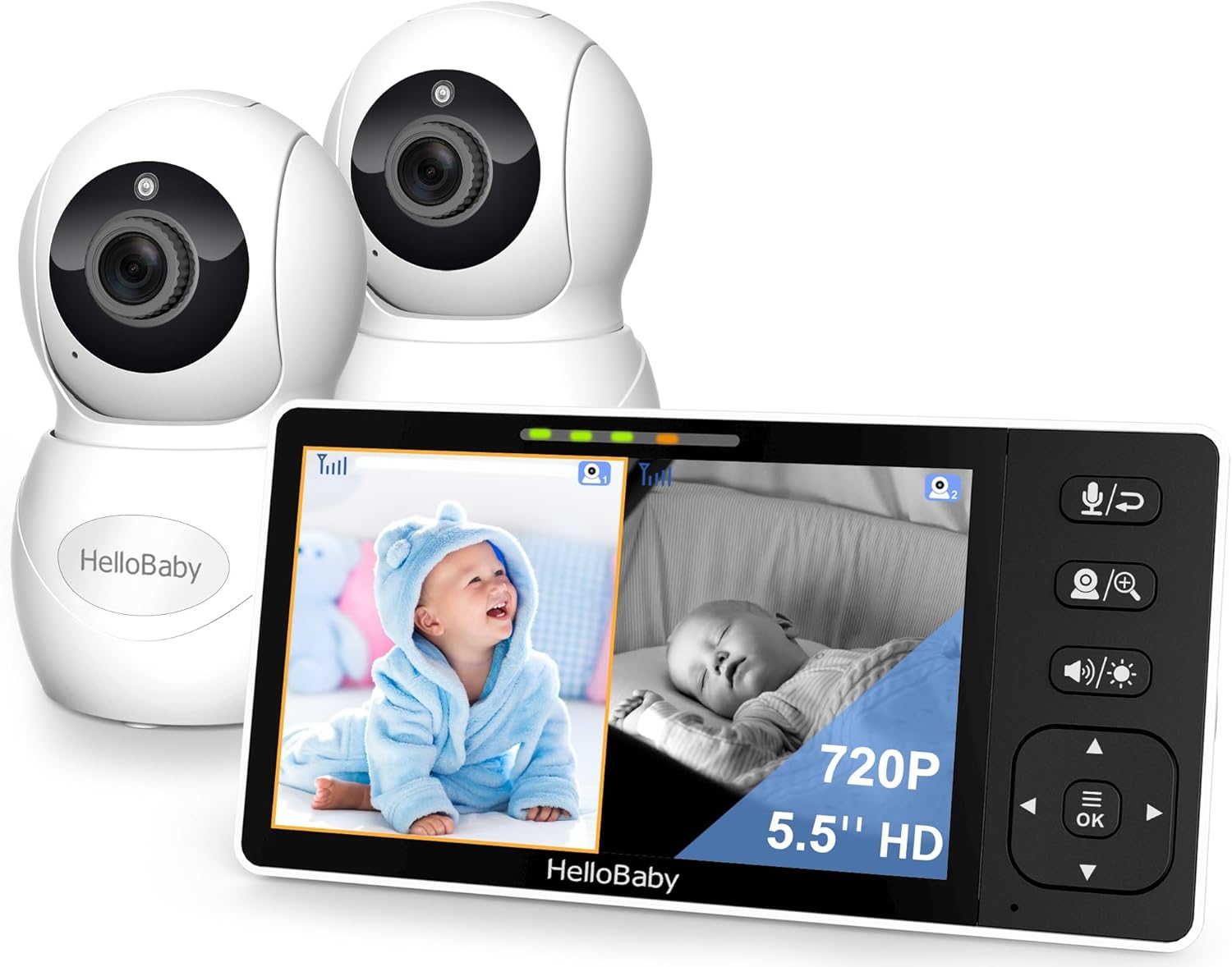 HelloBaby Baby Monitor with 2 Cameras, 5.5" 720P HD No WiFi Audio Display Split Screen, Dual 1080P C