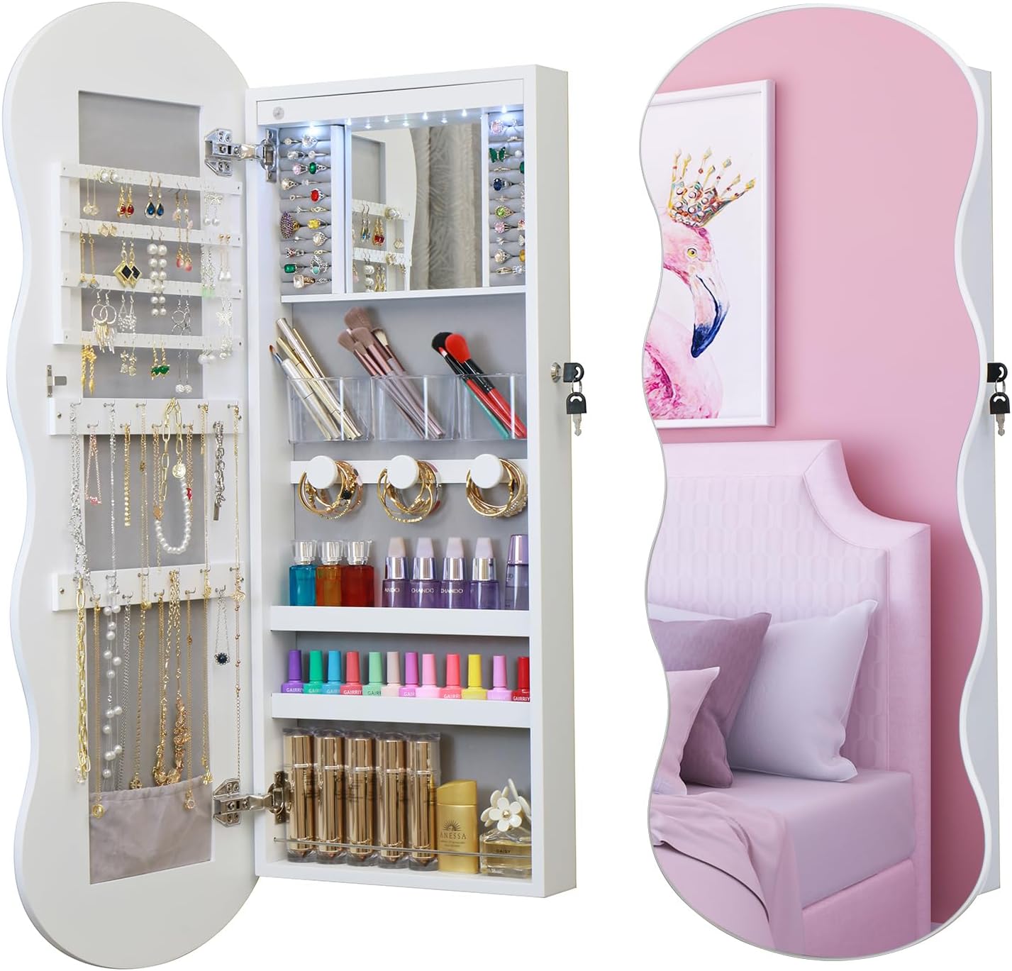 whitebeach Jewelry Armoire Cabinet, LED Jewelry Organizer, Wall or Door Mounted, Full-Length Lockable, Wavy Mirror, Make-up Mirror With Magnetic Lock