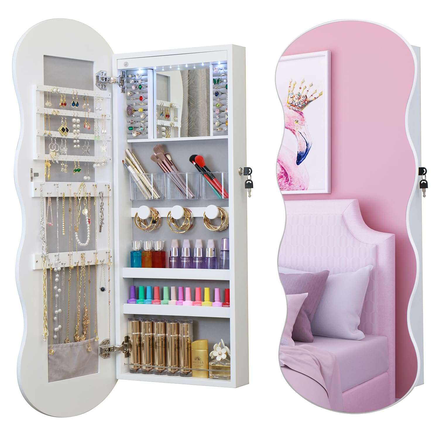 whitebeach Jewelry Armoire Cabinet, LED Jewelry Organizer, Wall or Door Mounted, Full-Length Lockable, Wavy Mirror, Make-up Mirror With Magnetic Lock