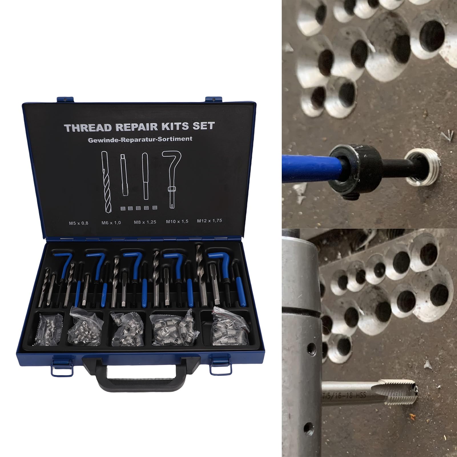 Kit di Riparazione del Filo Metrico 131 Pc, Set di Strumenti di Inserzione Filettatura, Kit di Rilevamento di Elicolio con 5 Rubinetti 5 Bit per Trapano 10 Strumenti per Le