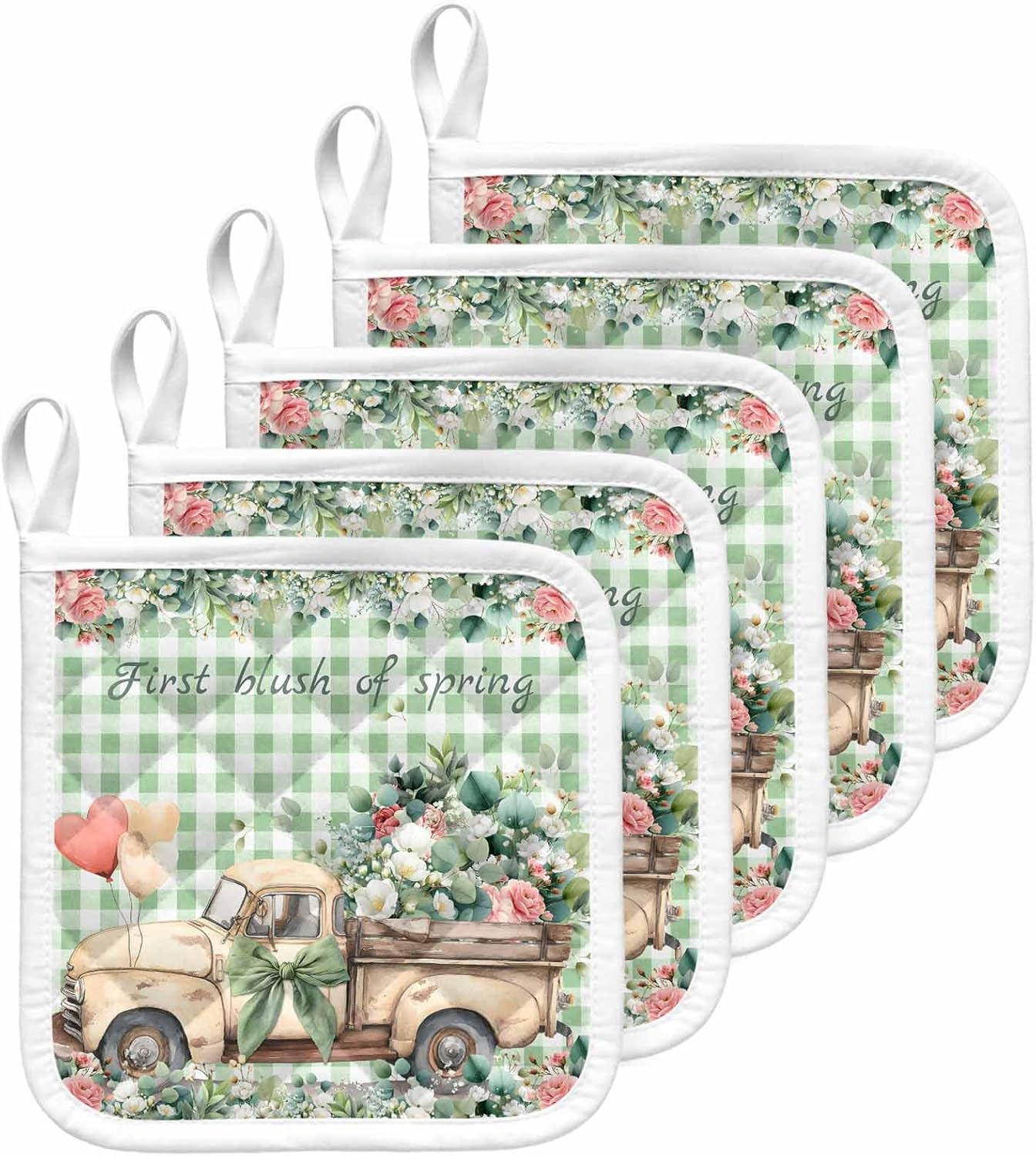 5 Pack Pot Holders for Kitchen, Eucalyptus Trucks Hot Pads for Kitchen Countertops Oven Pot Holder Bulk, Spring Farmhouse Floral Sage Green Plaid Heat Insulation Potholders with Hanging Loops