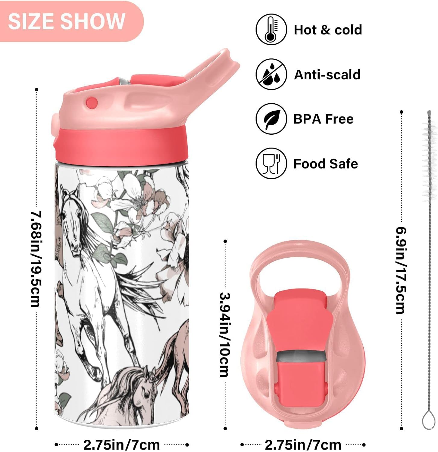 Flowers and Horses Kids Water Bottle, Insulated Stainless Steel Water Bottles with Straw Lid, 12 oz BPA-Free Leakproof Duck Mouth Tumbler for Boys Girls - Image 3